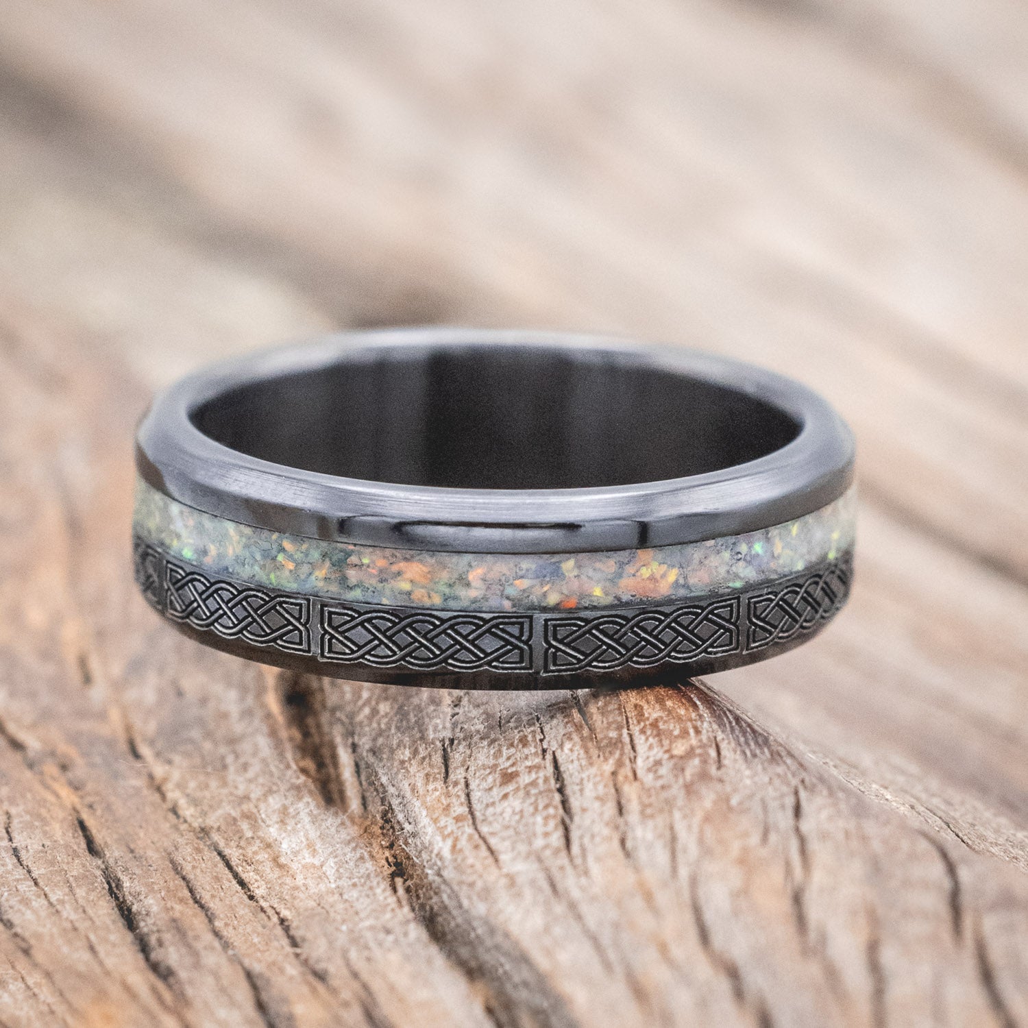 "VERTIGO" - CELTIC SAILOR'S KNOT ENGRAVED WITH FIRE & ICE OPAL WEDDING RING-Staghead Designs