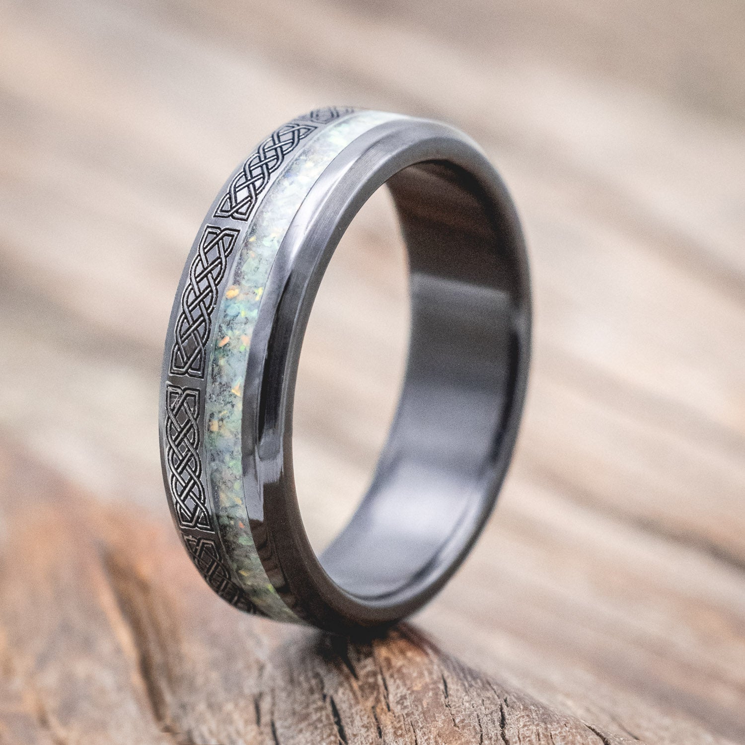 "VERTIGO" - CELTIC SAILOR'S KNOT ENGRAVED WITH FIRE & ICE OPAL WEDDING RING-Staghead Designs