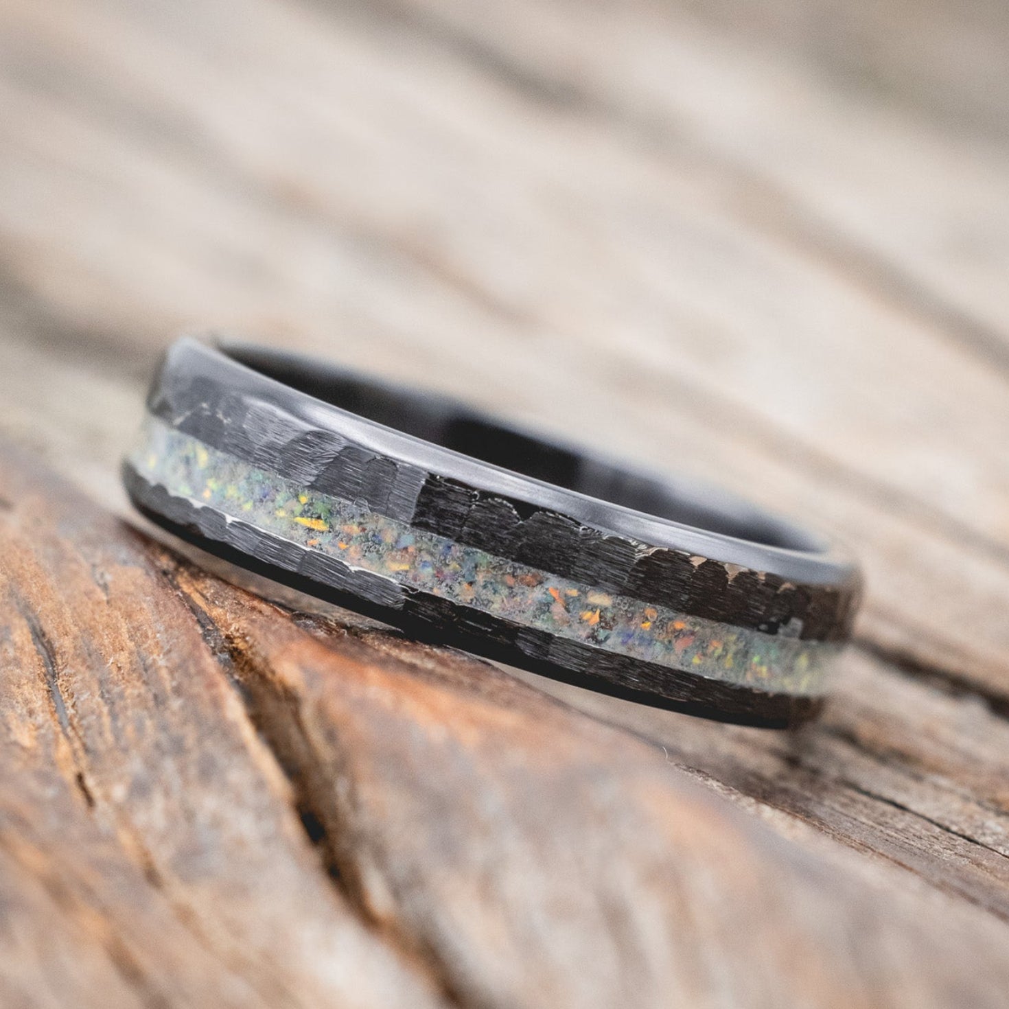 "VERTIGO" - FIRE & ICE OPAL WEDDING BAND WITH A HAMMERED FINISH-Staghead Designs