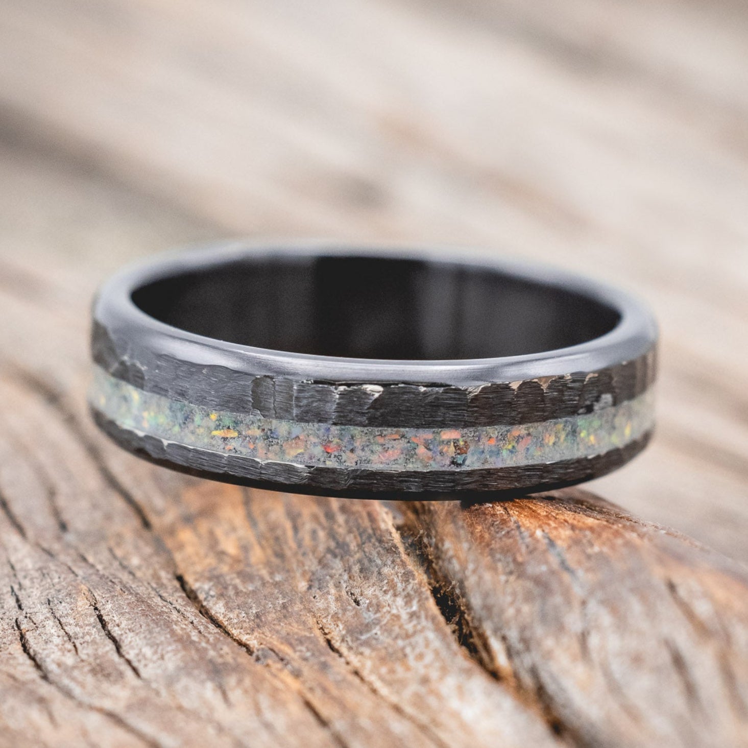 "VERTIGO" - FIRE & ICE OPAL WEDDING BAND WITH A HAMMERED FINISH-Staghead Designs