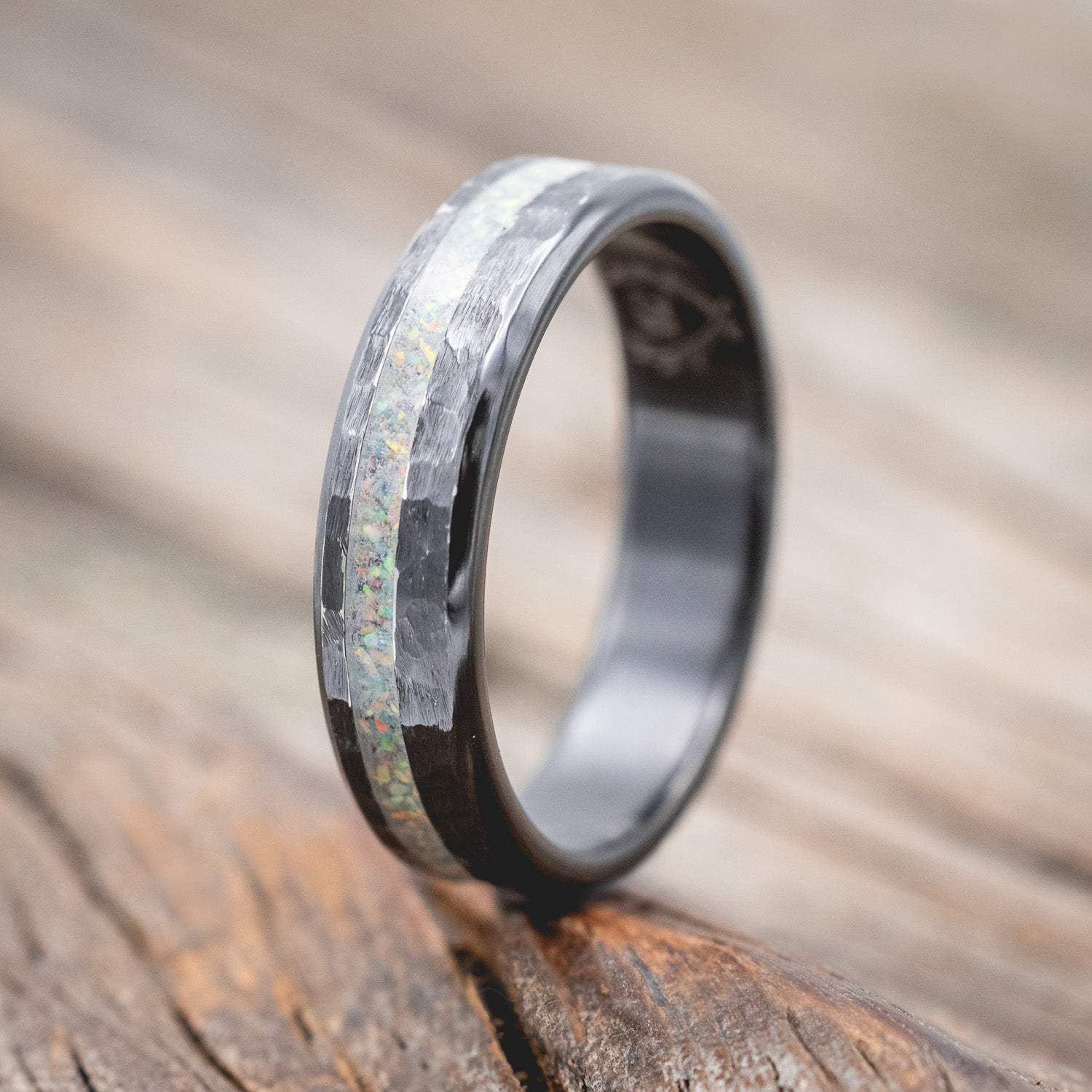 "VERTIGO" - FIRE & ICE OPAL WEDDING BAND WITH A HAMMERED FINISH-Staghead Designs