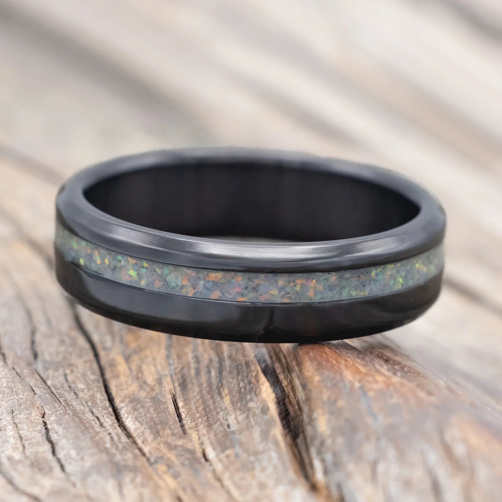 "VERTIGO" - FIRE & ICE OPAL WEDDING BAND - 6MM - BLACK ZIRCONIUM - SIZE 10 1/2-Staghead Designs