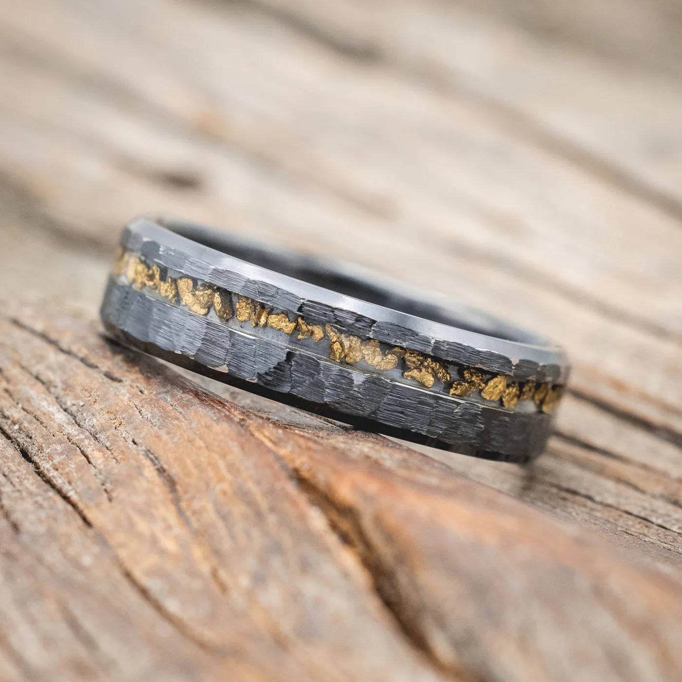 "VERTIGO" - GOLD NUGGET WEDDING RING - BLACK ZIRCONIUM (6MM) - SIZE 9 1/4-Staghead Designs