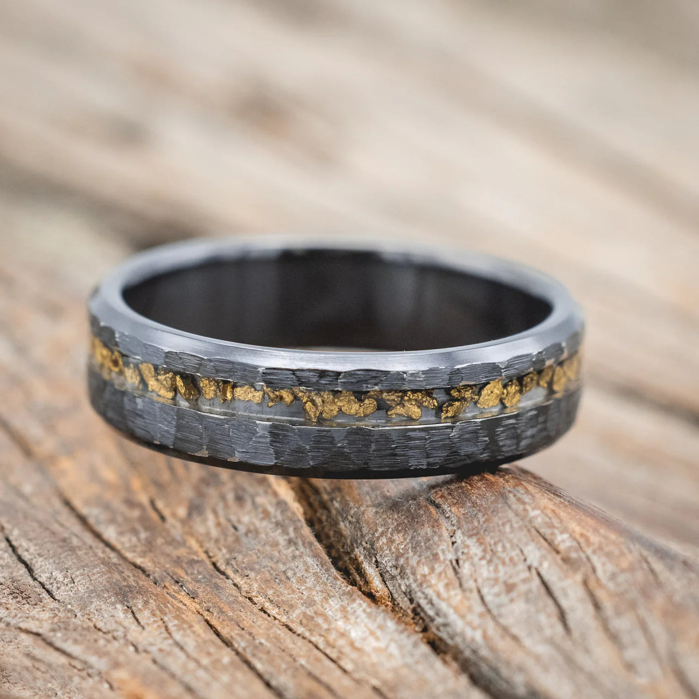 "VERTIGO" - GOLD NUGGET WEDDING RING - BLACK ZIRCONIUM (6MM) - SIZE 9 1/4-Staghead Designs
