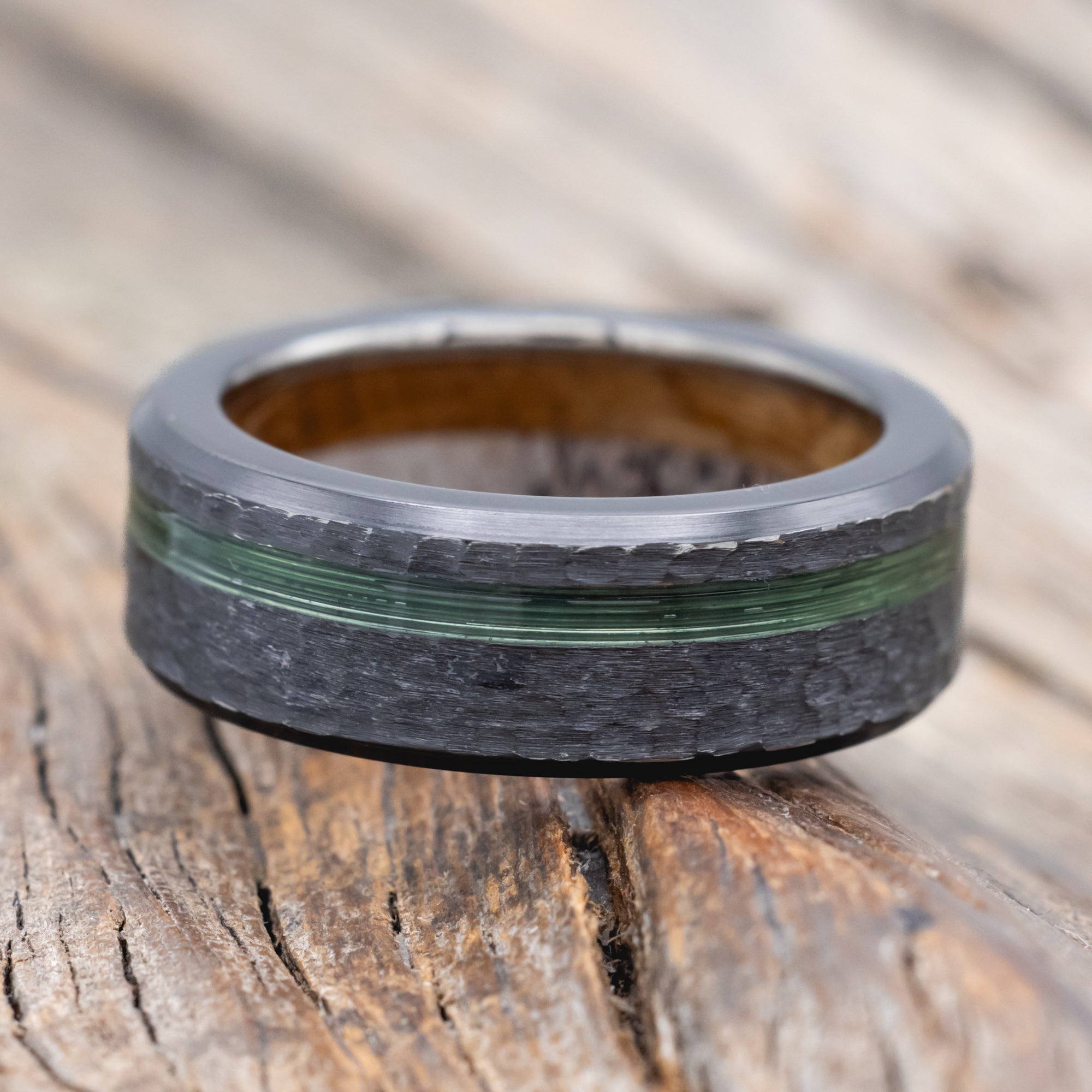 "VERTIGO" - FISHING LINE INLAY WEDDING RING FEATURING ANTLER & WHISKEY BARREL LINING WITH HAMMERED FINISH-Staghead Designs