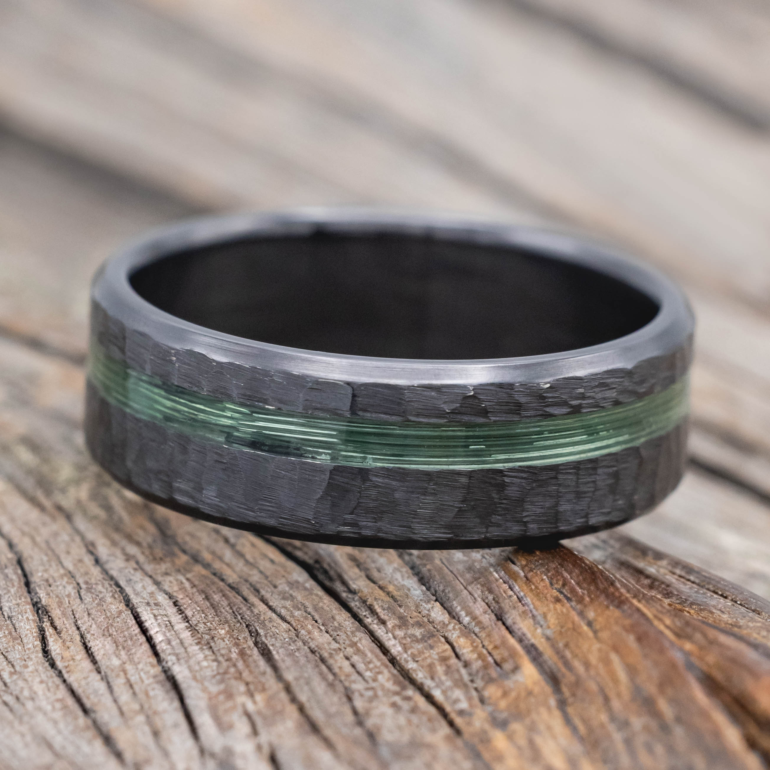 "VERTIGO" - HAMMERED WEDDING BAND WITH FISHING LINE INLAYS-Staghead Designs