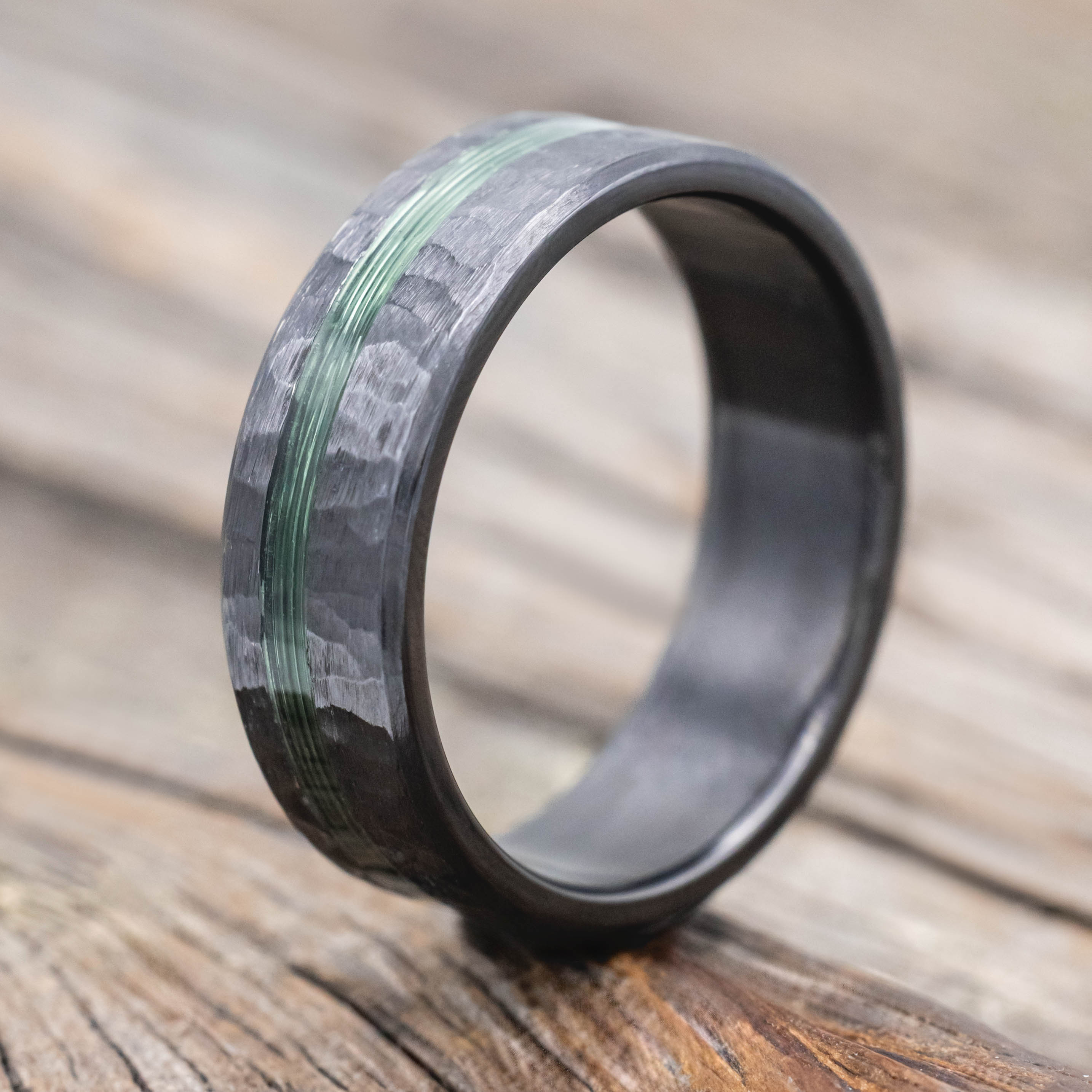 "VERTIGO" - HAMMERED WEDDING BAND WITH FISHING LINE INLAYS-Staghead Designs