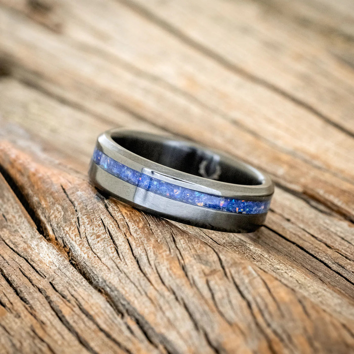 "VERTIGO" - LAPIS LAZULI & FIRE AND ICE OPAL MIX WEDDING BAND - BLACK ZIRCONIUM (6MM) - SIZE 10-Staghead Designs
