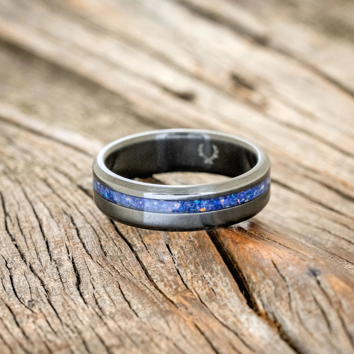 "VERTIGO" - LAPIS LAZULI & FIRE AND ICE OPAL MIX WEDDING BAND - BLACK ZIRCONIUM (6MM) - SIZE 10-Staghead Designs