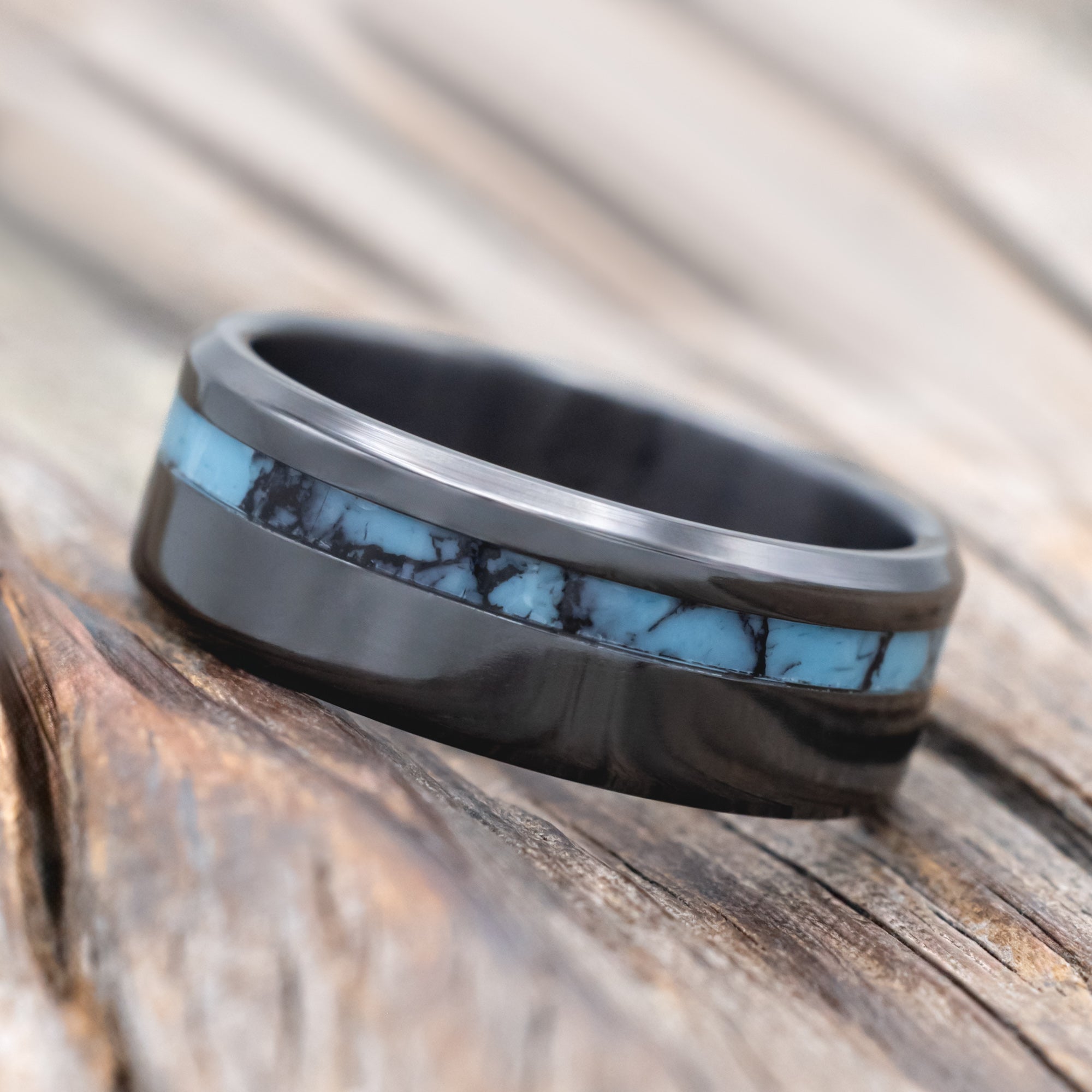 "VERTIGO" - TURQUOISE & BLACK MATRIX TRUSTONE INLAY WEDDING BAND-Staghead Designs