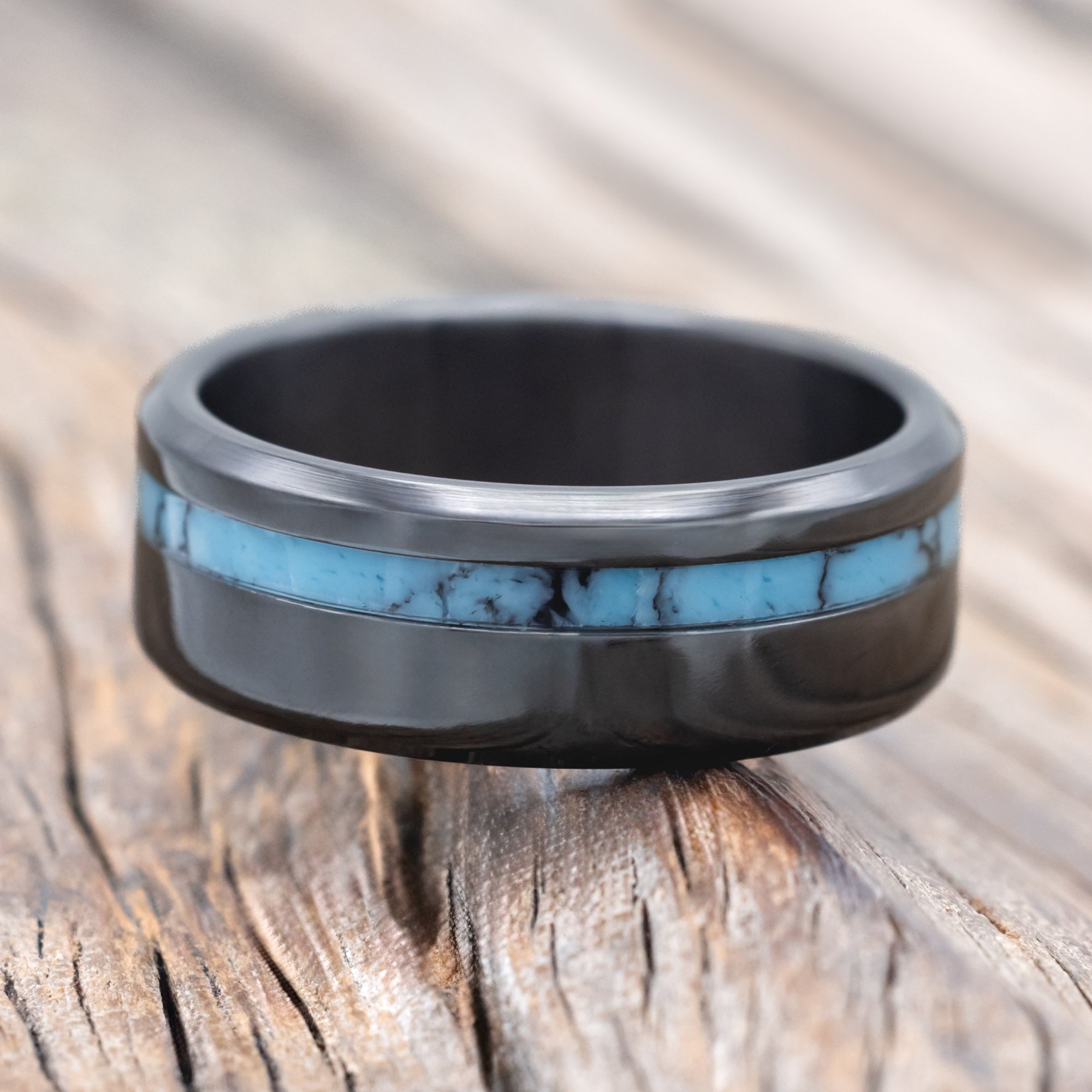 "VERTIGO" - TURQUOISE & BLACK MATRIX TRUSTONE INLAY WEDDING BAND-Staghead Designs