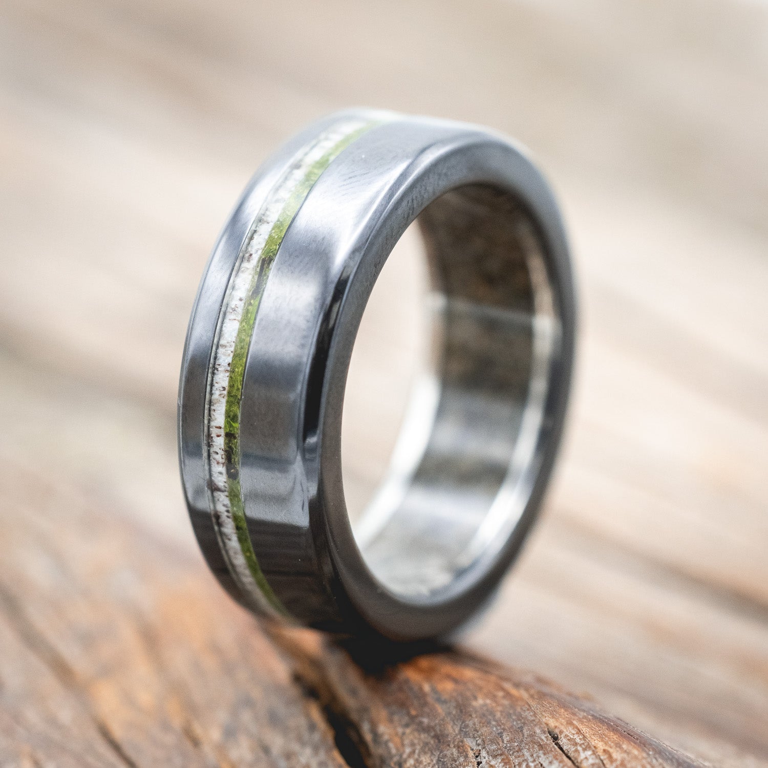 "VERTIGO" - MOSS & ANTLER INLAYS WITH SAND LINING WEDDING MATCHING SET-Staghead Designs