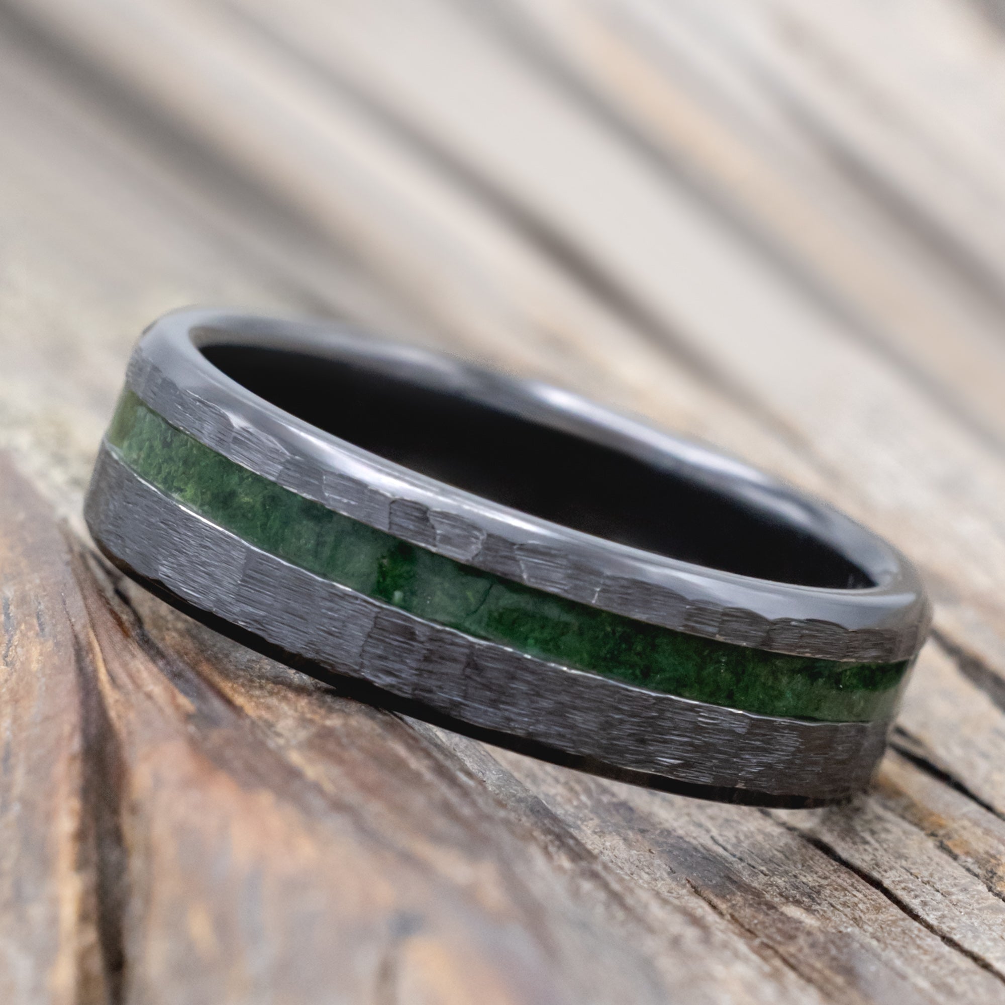 "Vertigo" - Natural Moss Inlay Wedding Band With Custom Finish-Staghead Designs