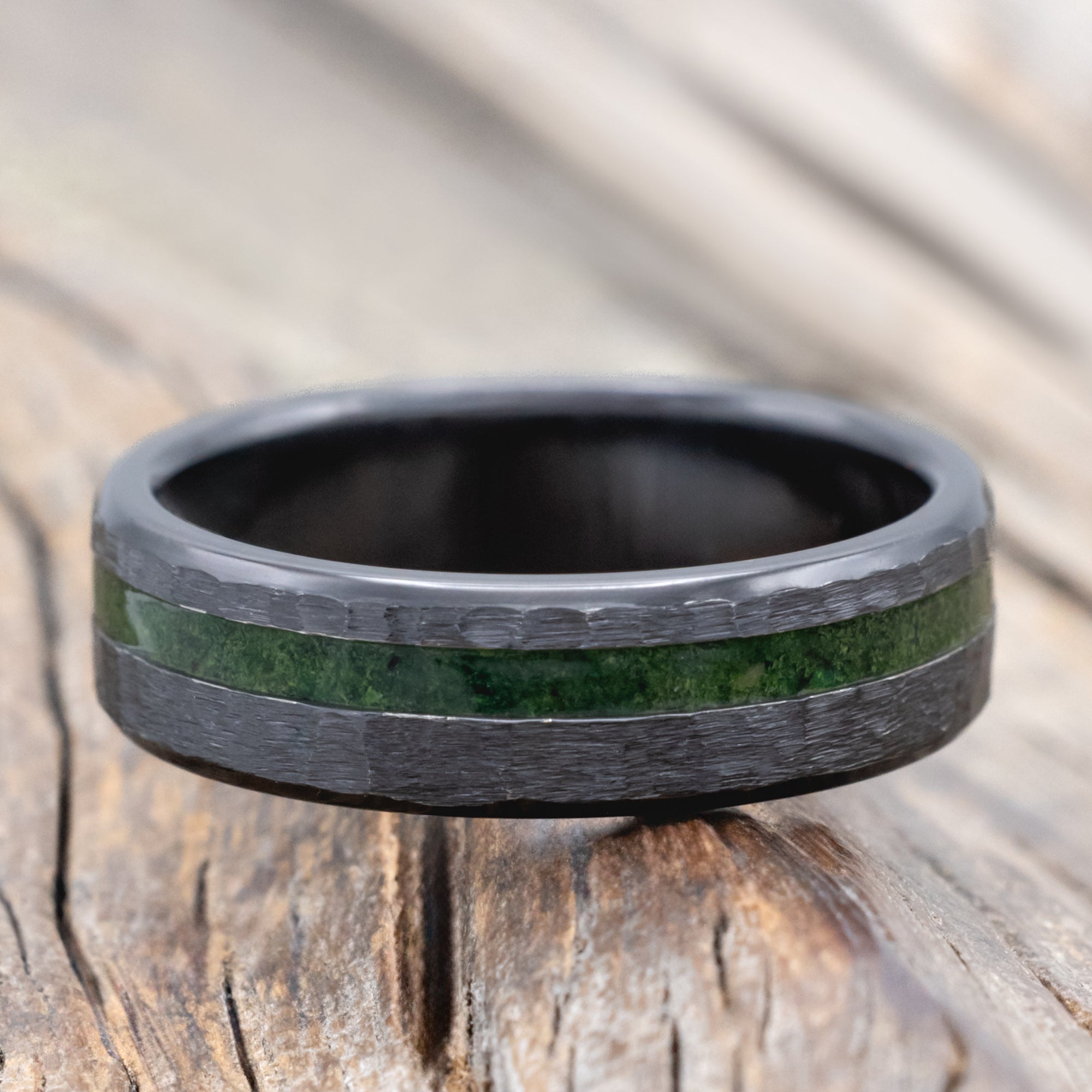 "Vertigo" - Natural Moss Inlay Wedding Band With Custom Finish-Staghead Designs