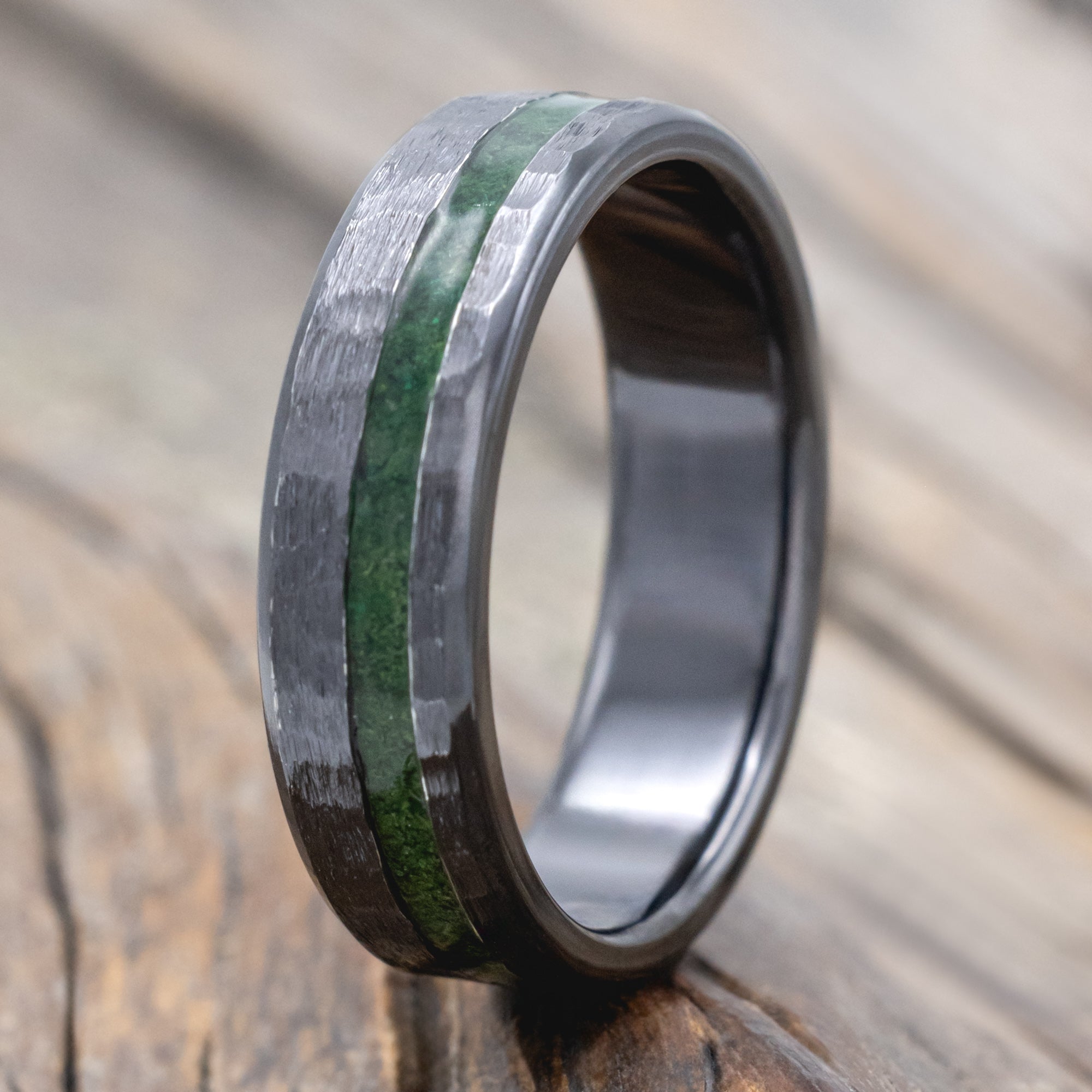"Vertigo" - Natural Moss Inlay Wedding Band With Custom Finish-Staghead Designs