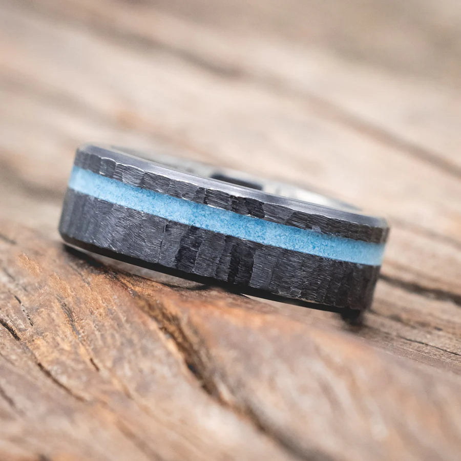 "VERTIGO" - TURQUOISE WEDDING BAND WITH A HAMMERED FINISH AND WHISKEY BARREL OAK LINING - BLACK ZIRCONIUM - SIZE 10 1/4-Staghead Designs