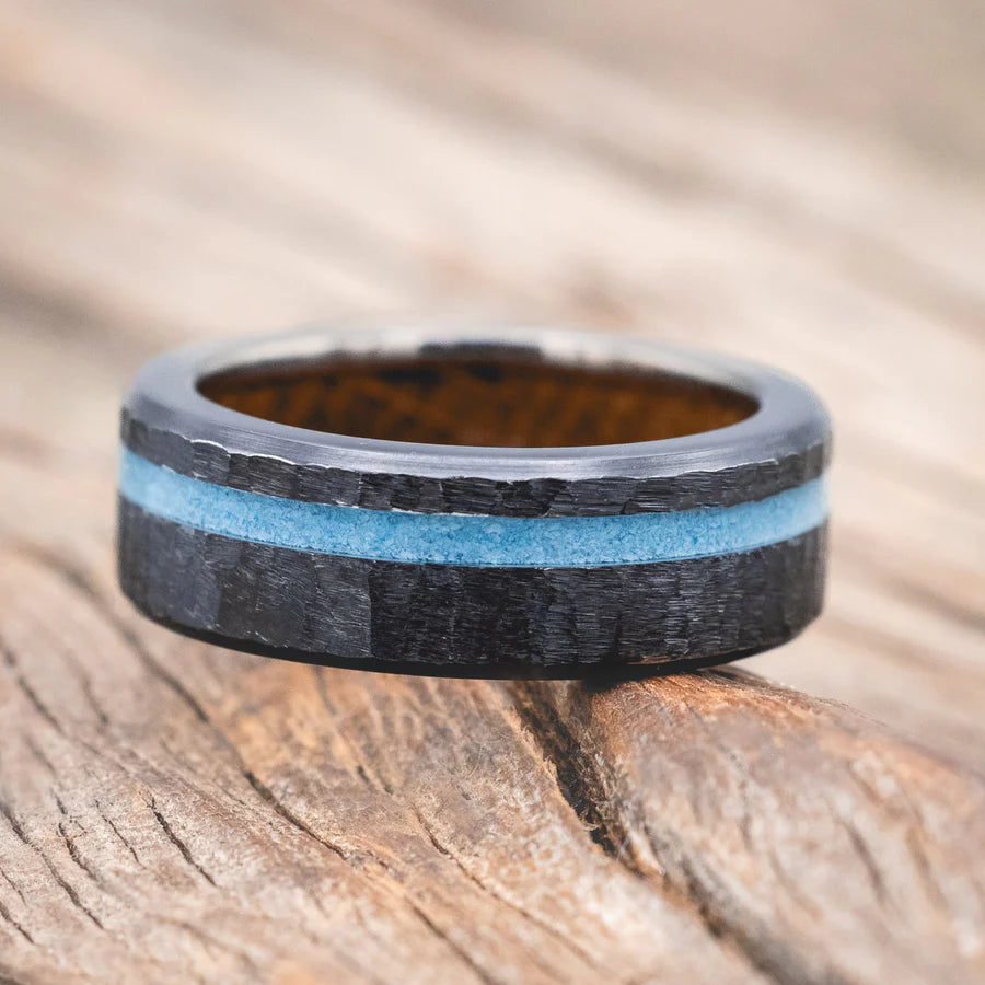 "VERTIGO" - TURQUOISE WEDDING BAND WITH A HAMMERED FINISH AND WHISKEY BARREL OAK LINING - BLACK ZIRCONIUM - SIZE 10 1/4-Staghead Designs