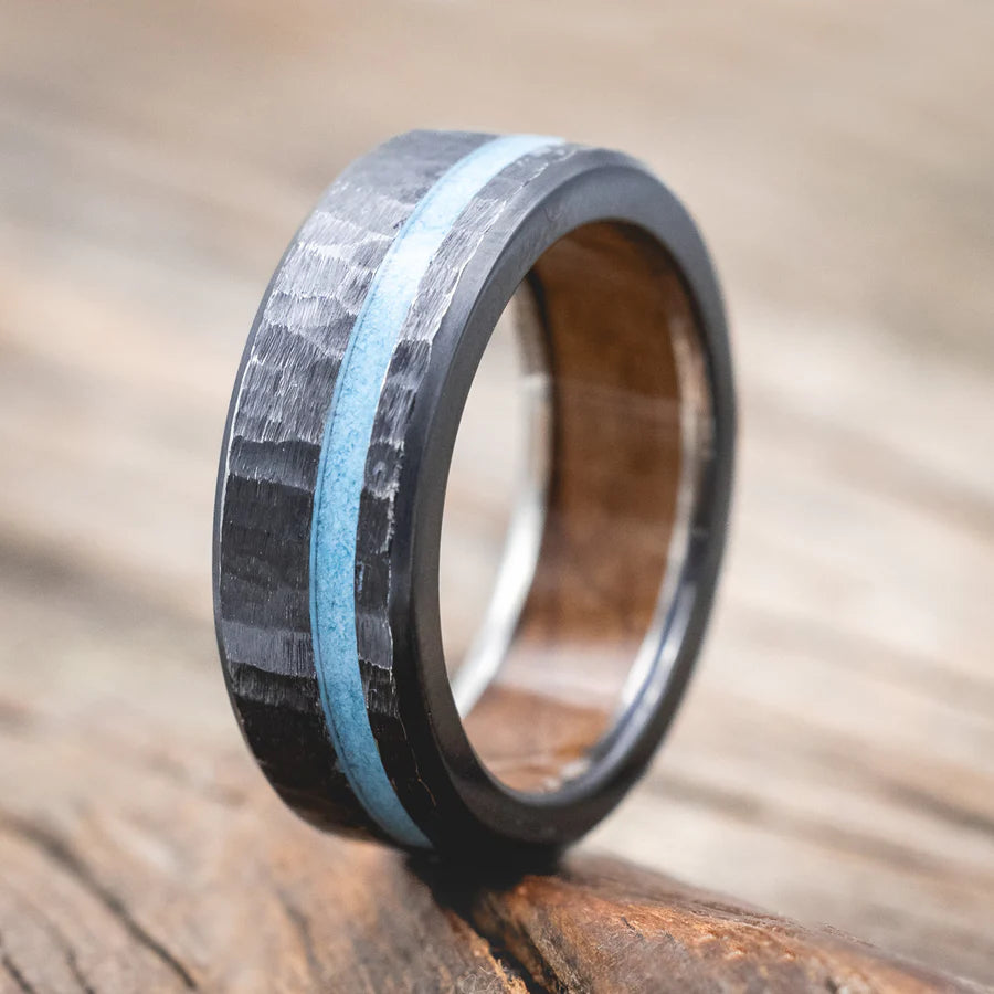 "VERTIGO" - TURQUOISE WEDDING BAND WITH A HAMMERED FINISH AND WHISKEY BARREL OAK LINING - BLACK ZIRCONIUM - SIZE 10 1/4-Staghead Designs