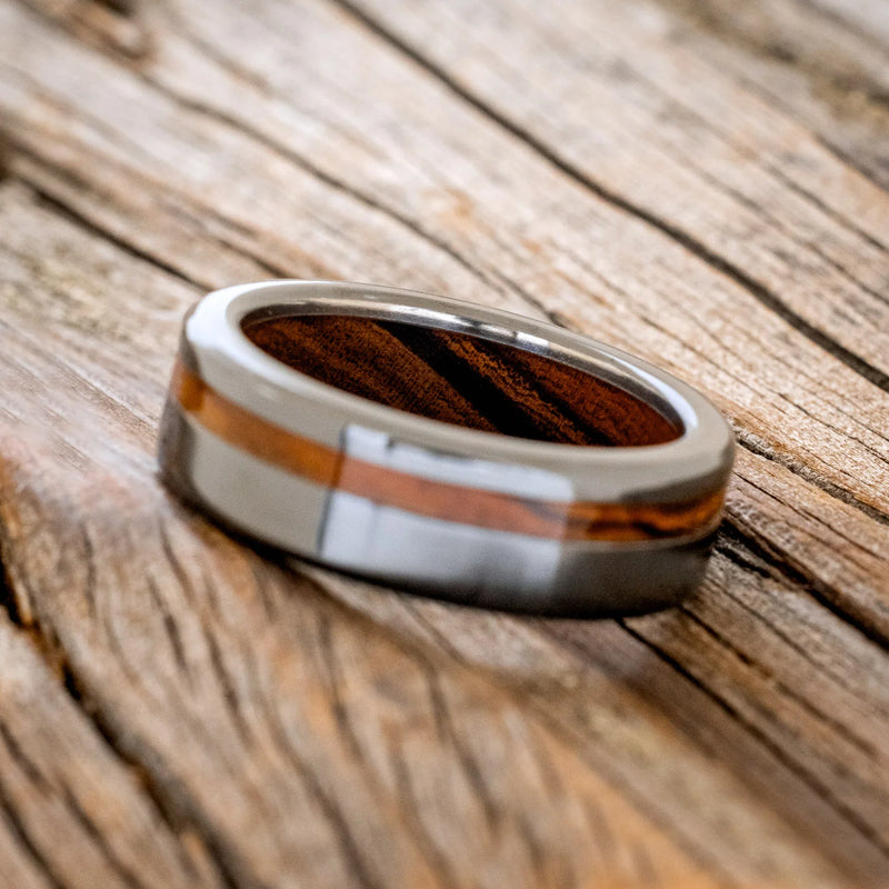 "VERTIGO" - IRONWOOD LINING & INLAY WEDDING RING - BLACK ZIRCONIUM - SIZE 6 3/4-2