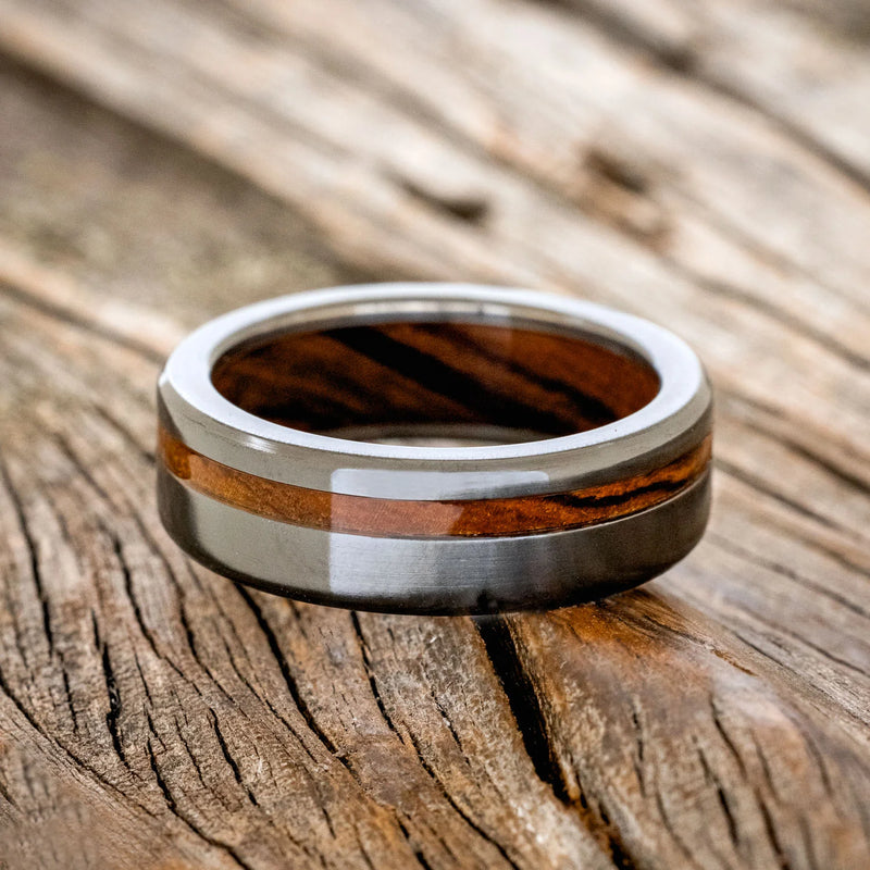 "VERTIGO" - IRONWOOD LINING & INLAY WEDDING RING - BLACK ZIRCONIUM - SIZE 6 3/4-3