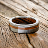 "VERTIGO" - IRONWOOD LINING & INLAY WEDDING RING - BLACK ZIRCONIUM - SIZE 6 3/4-4