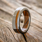 "VERTIGO" - IRONWOOD LINING & INLAY WEDDING RING - BLACK ZIRCONIUM - SIZE 6 3/4-5