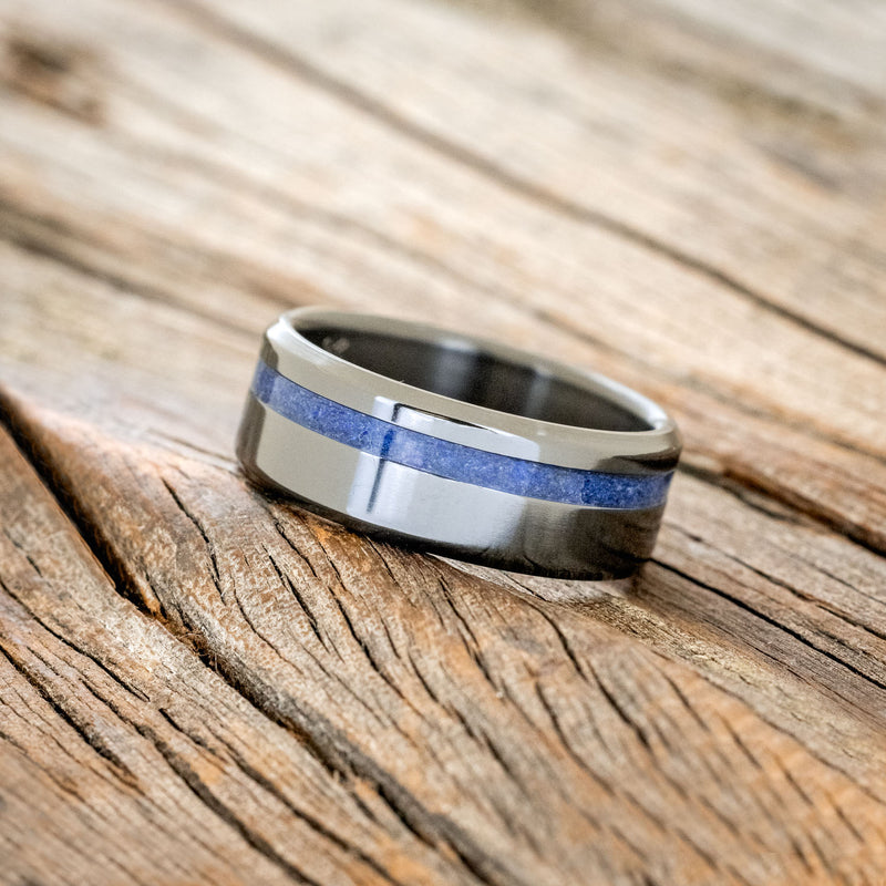 "VERTIGO" - LAPIS LAZULI WEDDING BAND - BLACK ZIRCONIUM - SIZE 10 1/2-2