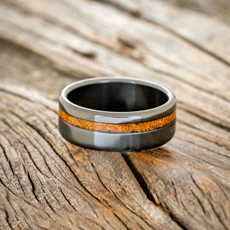 "VERTIGO" - ORANGE OPAL WEDDING RING - BLACK ZIRCONIUM - SIZE 6 1/4-3