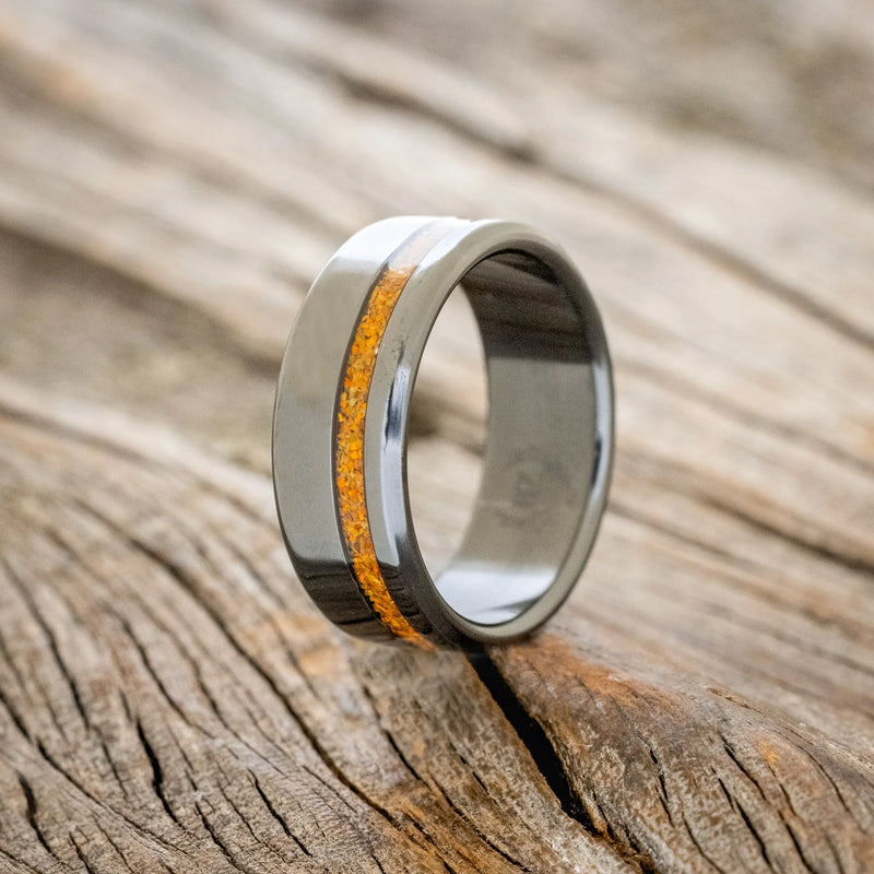 "VERTIGO" - ORANGE OPAL WEDDING RING - BLACK ZIRCONIUM - SIZE 6 1/4-1