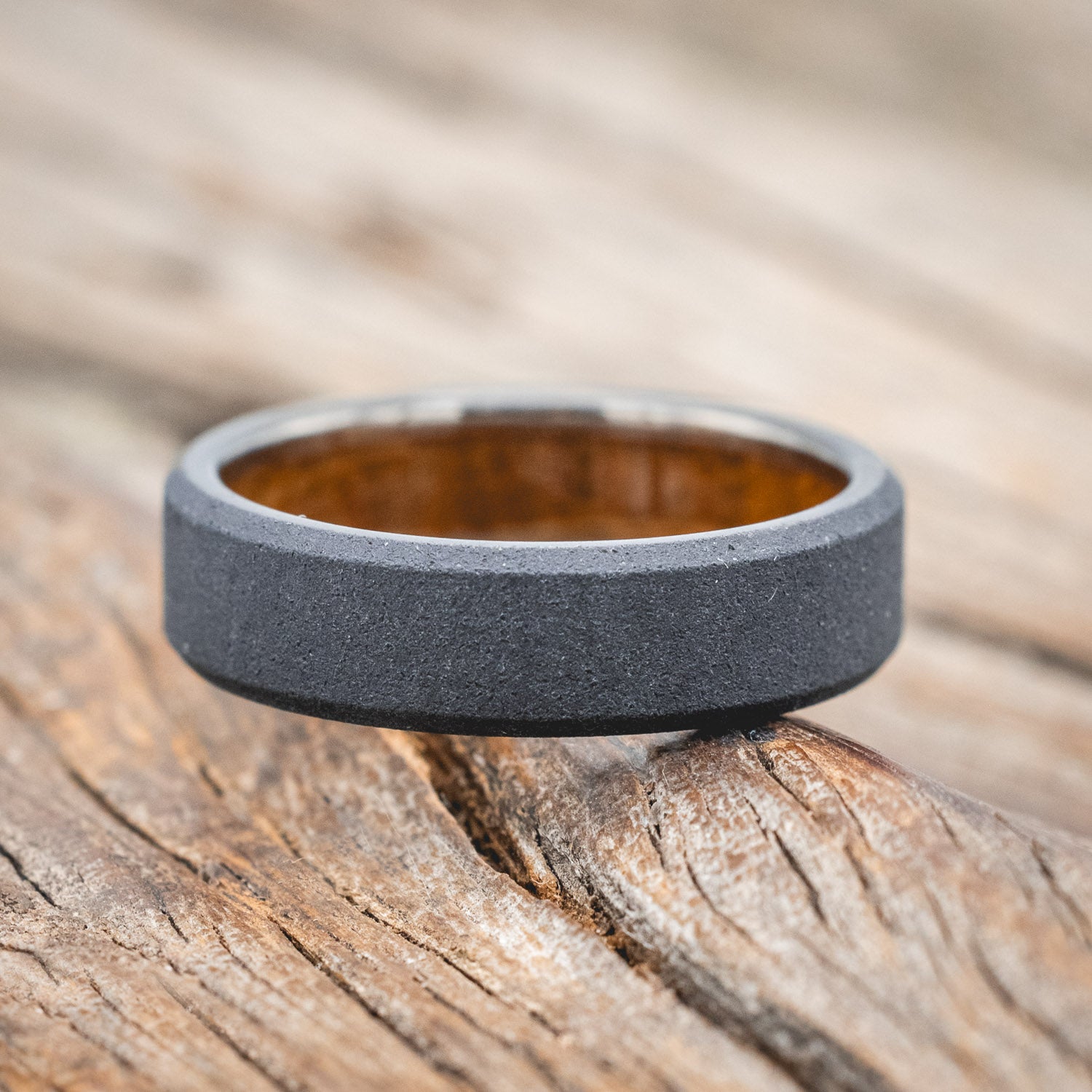 WHISKEY BARREL CHANNEL LINED RING WITH SANDBLASTED FINISH-Staghead Designs