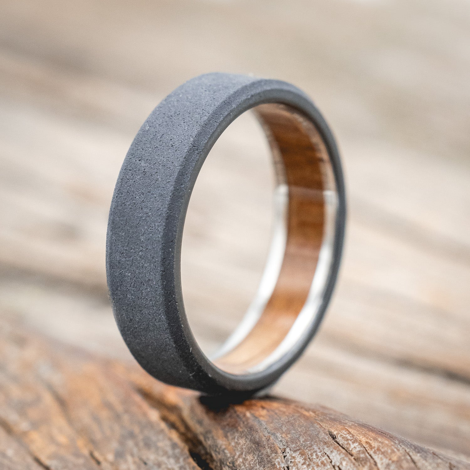 WHISKEY BARREL CHANNEL LINED RING WITH SANDBLASTED FINISH-Staghead Designs