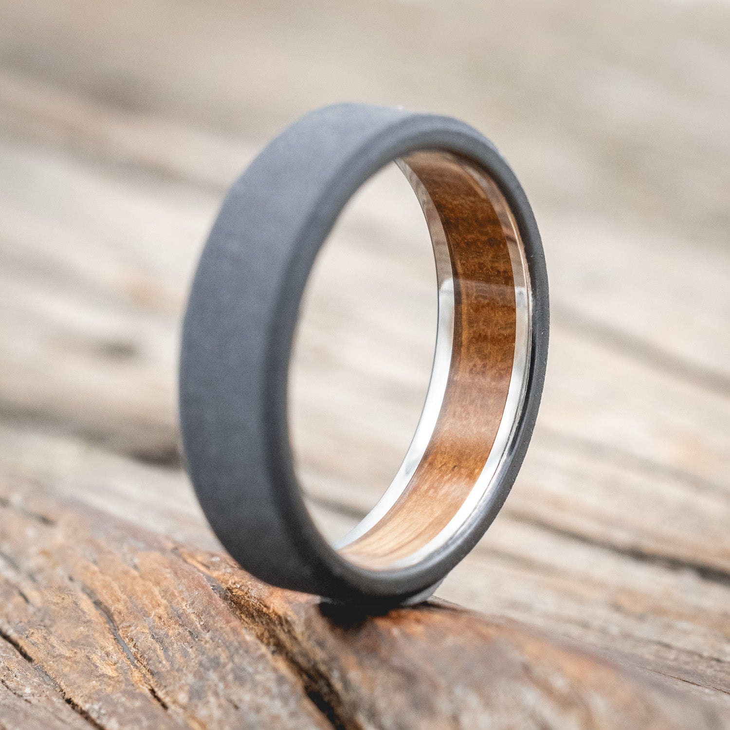 WHISKEY BARREL CHANNEL LINED RING WITH SANDBLASTED FINISH-Staghead Designs