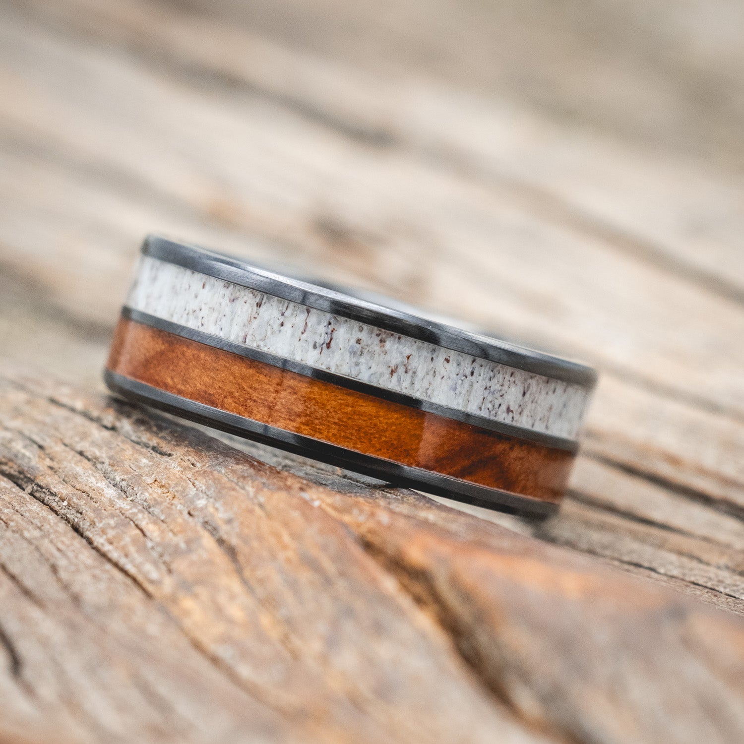 "DYAD" - MATCHING SET OF ANTLER & REDWOOD WEDDING BANDS-Staghead Designs