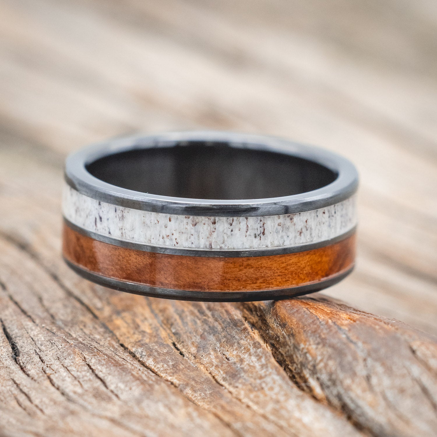 "DYAD" - MATCHING SET OF ANTLER & REDWOOD WEDDING BANDS-Staghead Designs