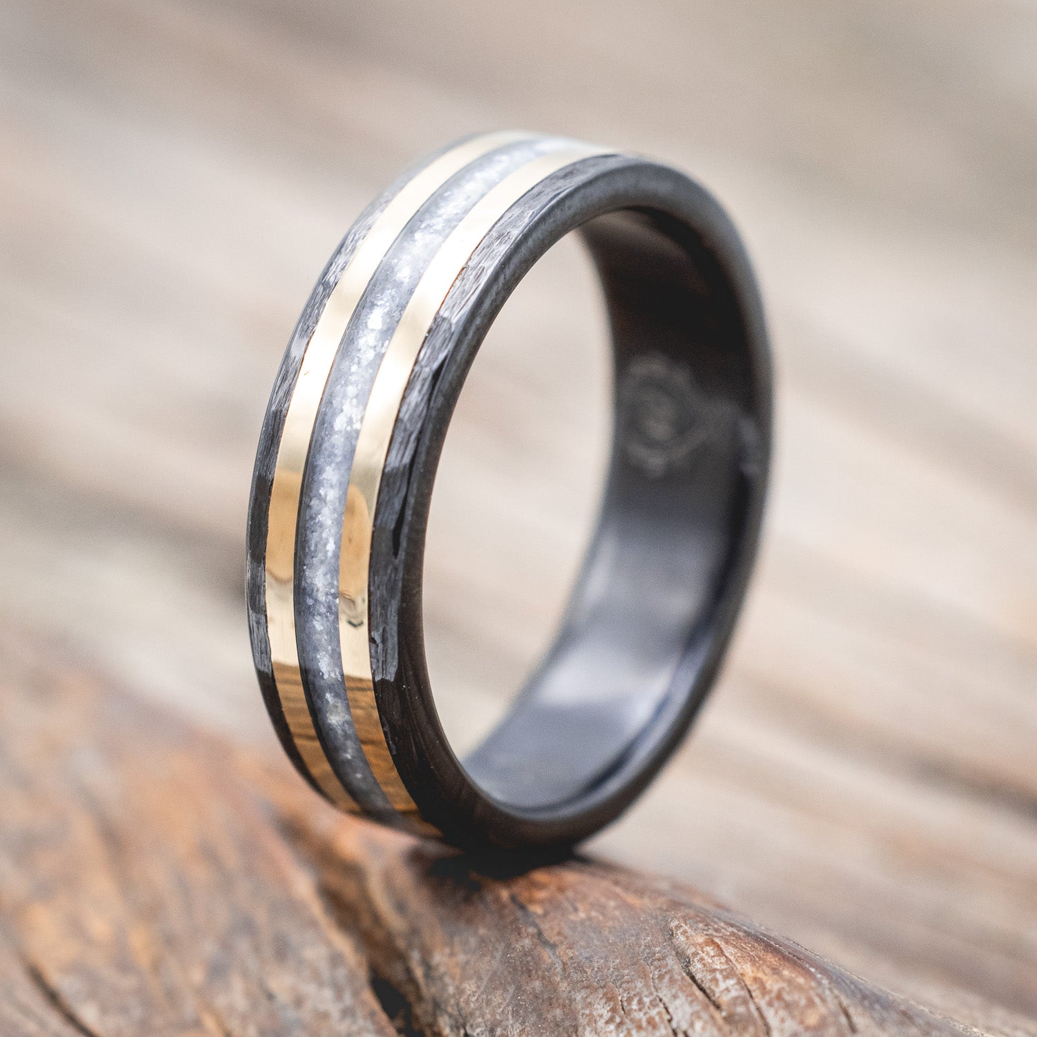"HOLLIS" - DIAMOND DUST & 14K YELLOW GOLD INLAYS WEDDING RING WITH A HAMMERED FINISH-Staghead Designs