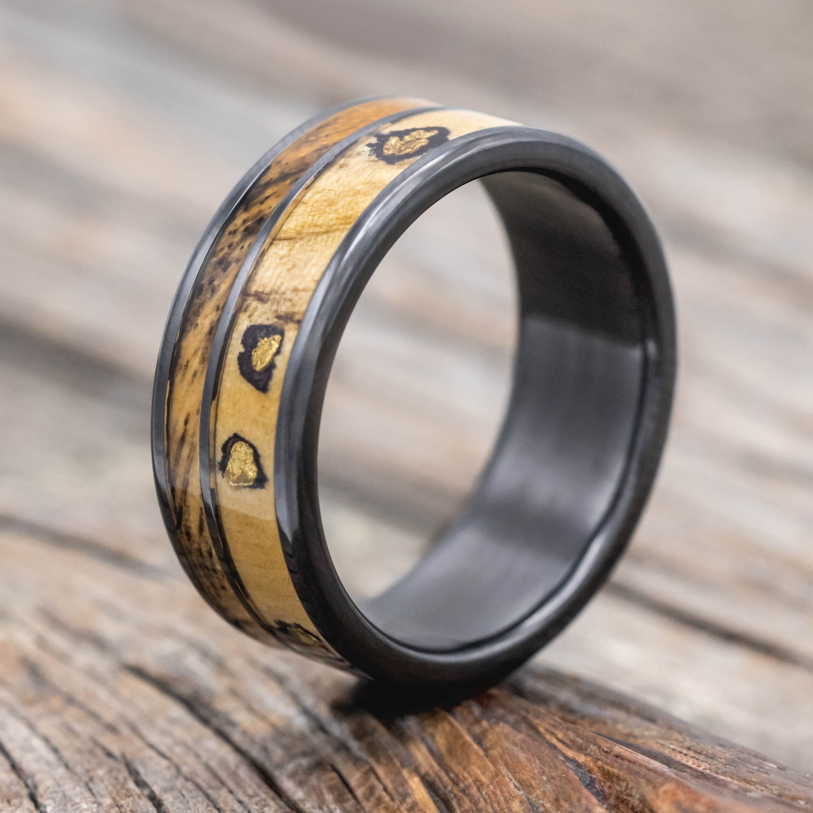 "RAPTOR" - ALASKAN PANNED GOLD NUGGETS SET IN BUCKEYE BURL & SPALTED MAPLE WOOD WEDDING RING-Staghead Designs