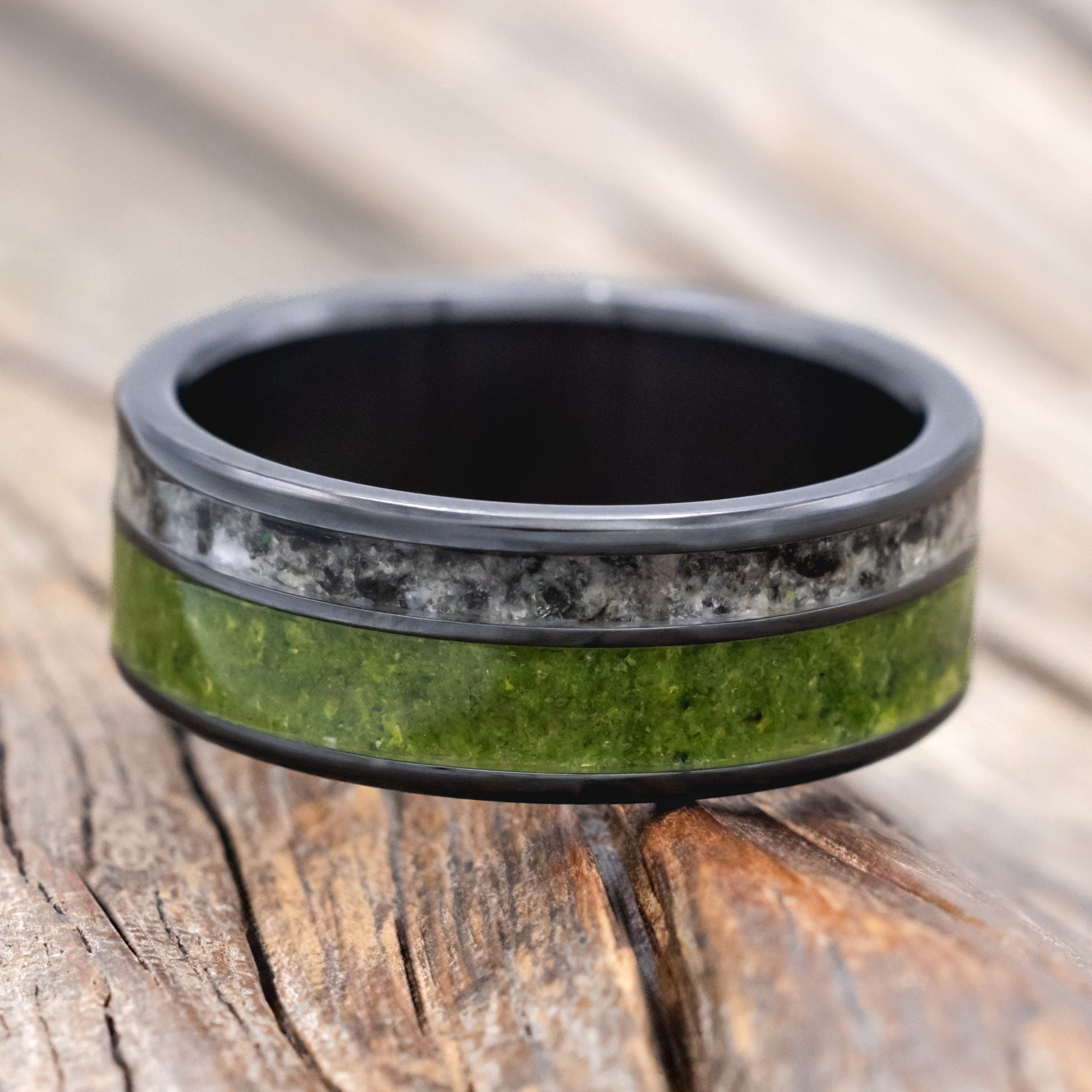 "RAPTOR" - MOSS WITH MOLDAVITE & MOONSTONE MIX WEDDING BAND-Staghead Designs