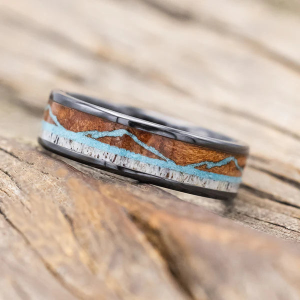 "The Expedition" - Mountain Engraved Wedding Ring With Redwood, Turquoise & Antler - Black Zirconium (6mm) - Size 8 1/2-Staghead Designs