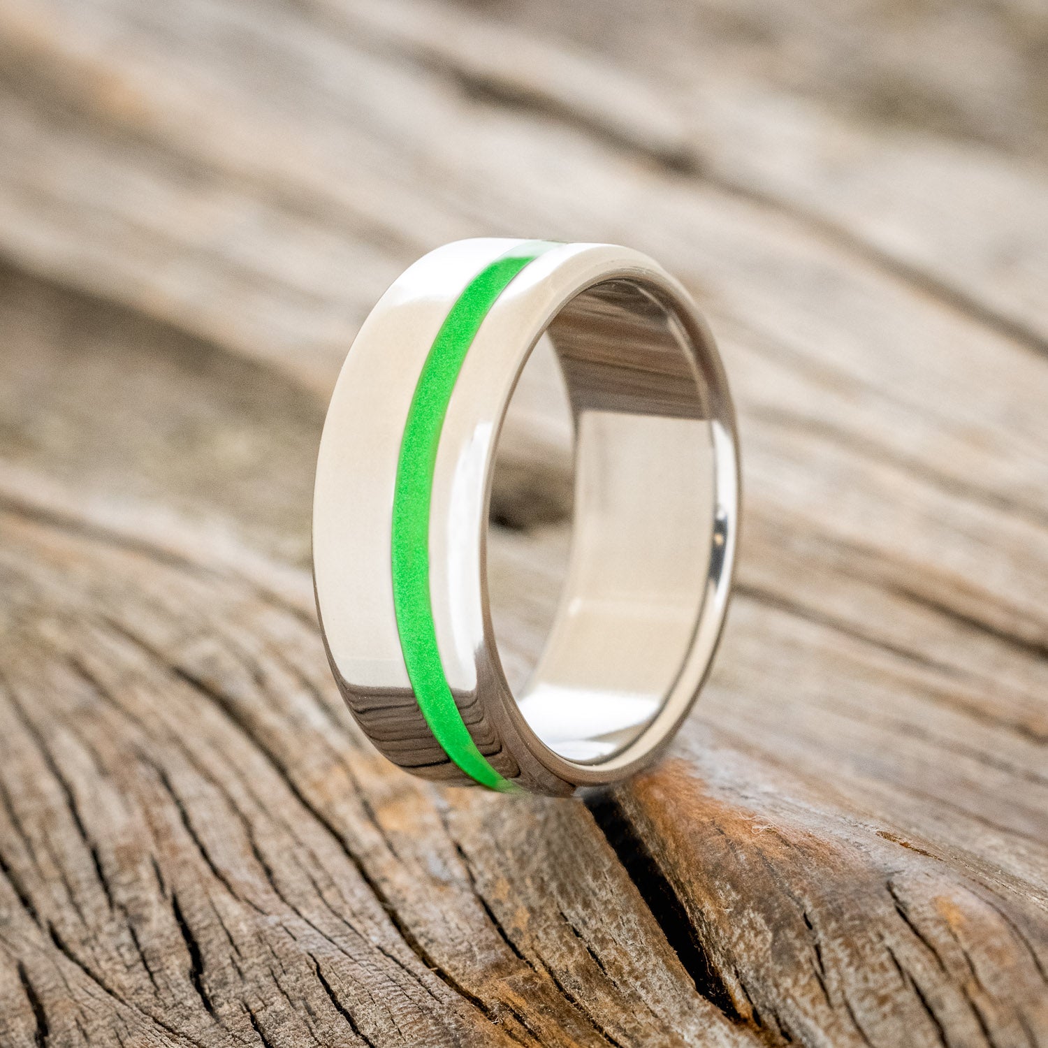 "VERTIGO" - GREEN GLOW IN THE DARK INLAY WEDDING BAND-4