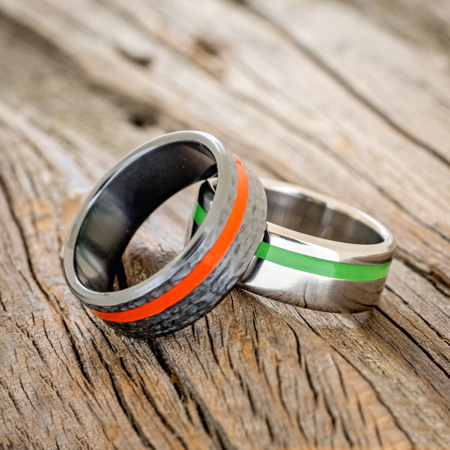 "VERTIGO" - RED GLOW IN THE DARK INLAY WEDDING BAND WITH A HAMMERED FINISH-9