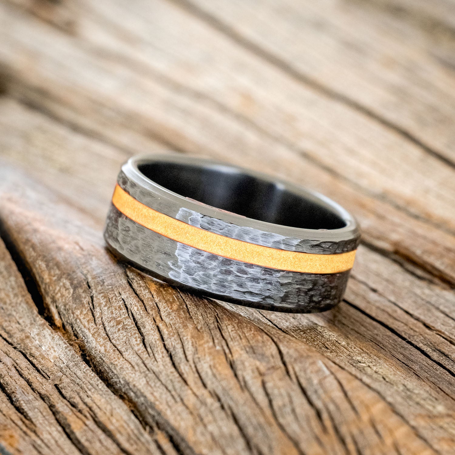 "VERTIGO" - RED GLOW IN THE DARK INLAY WEDDING BAND WITH A HAMMERED FINISH-5