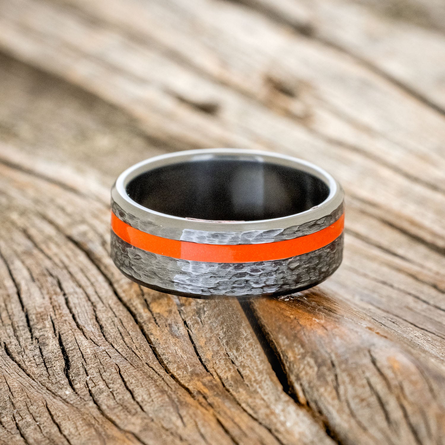 "VERTIGO" - RED GLOW IN THE DARK INLAY WEDDING BAND WITH A HAMMERED FINISH-3
