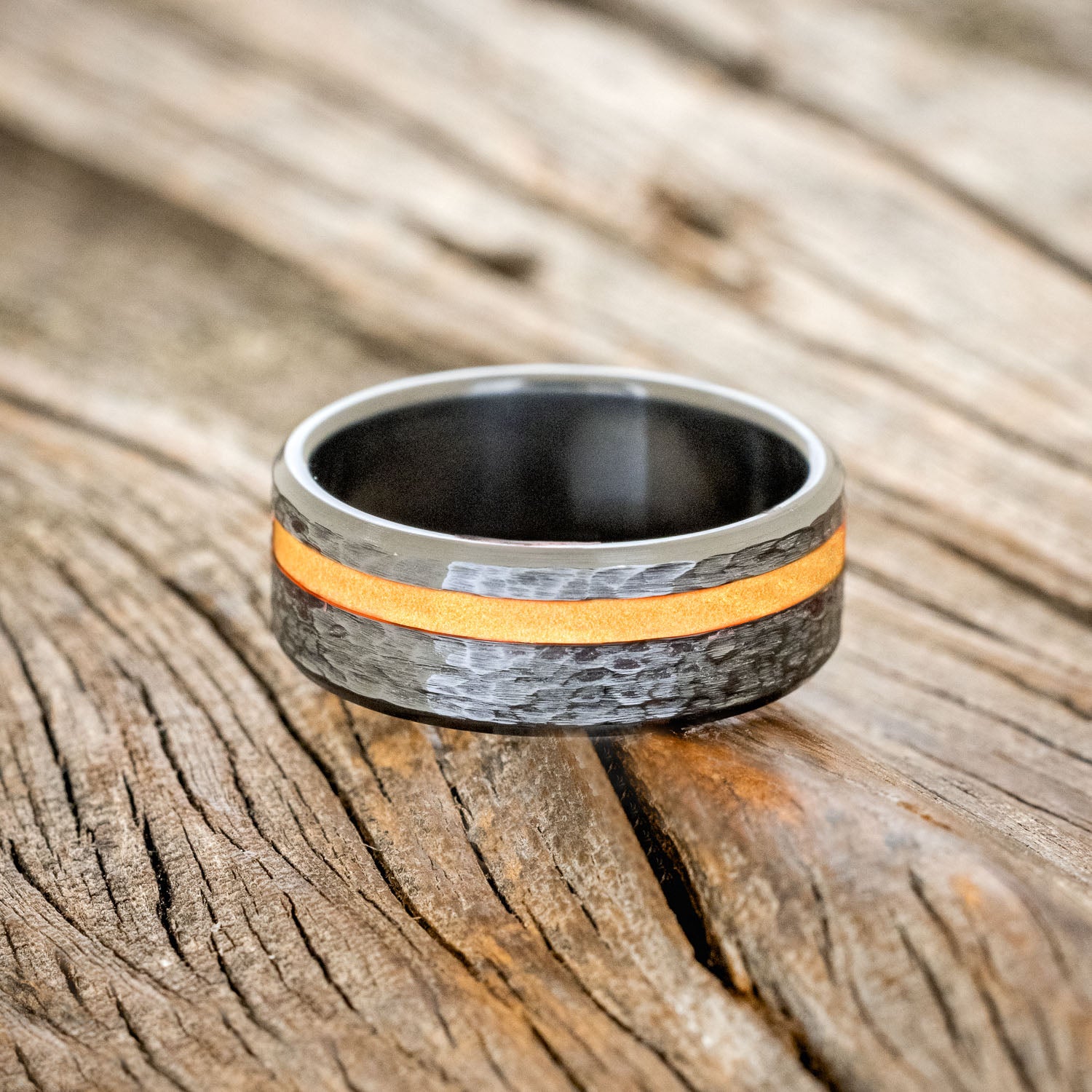 "VERTIGO" - RED GLOW IN THE DARK INLAY WEDDING BAND WITH A HAMMERED FINISH-6