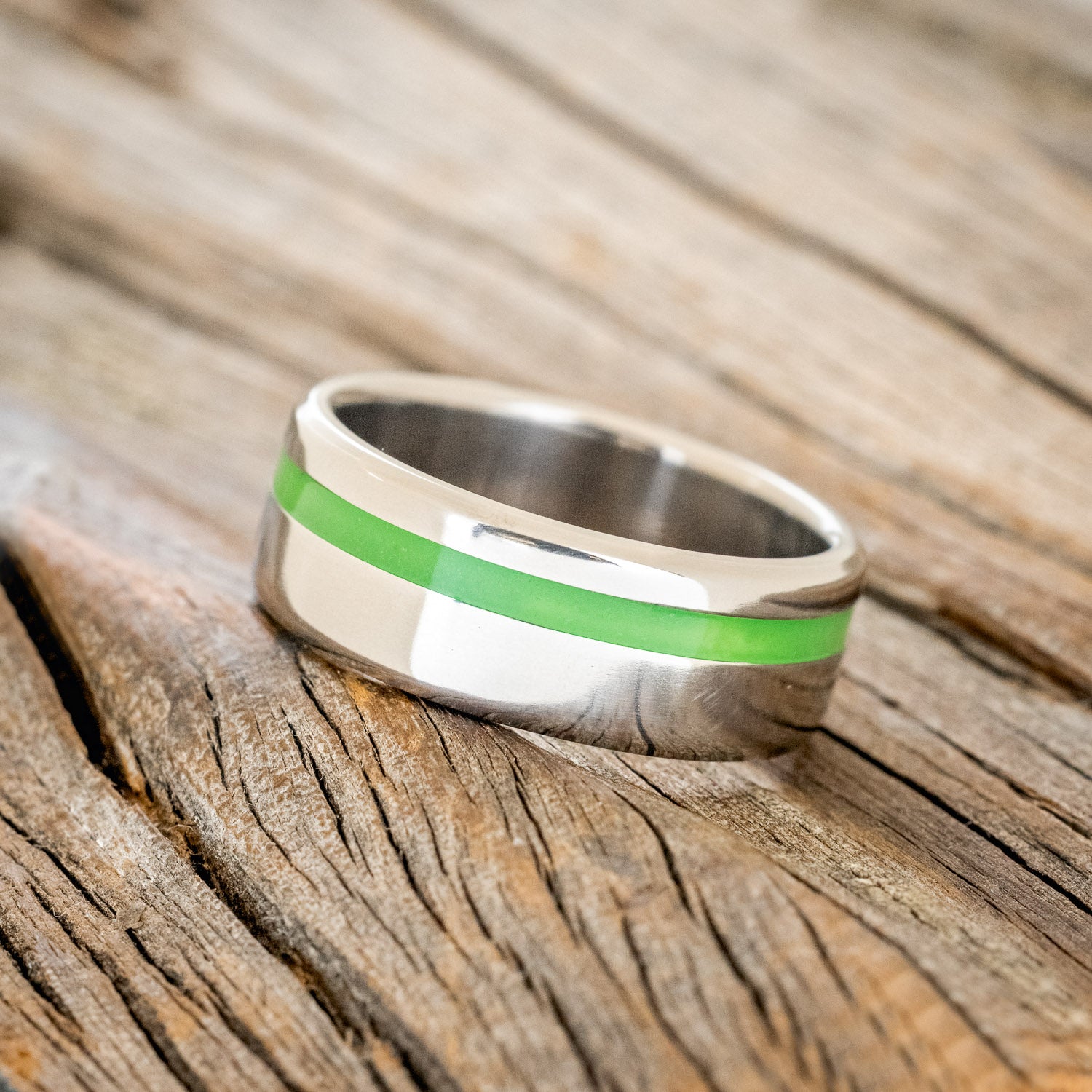 "VERTIGO" - GREEN GLOW IN THE DARK INLAY WEDDING BAND-2
