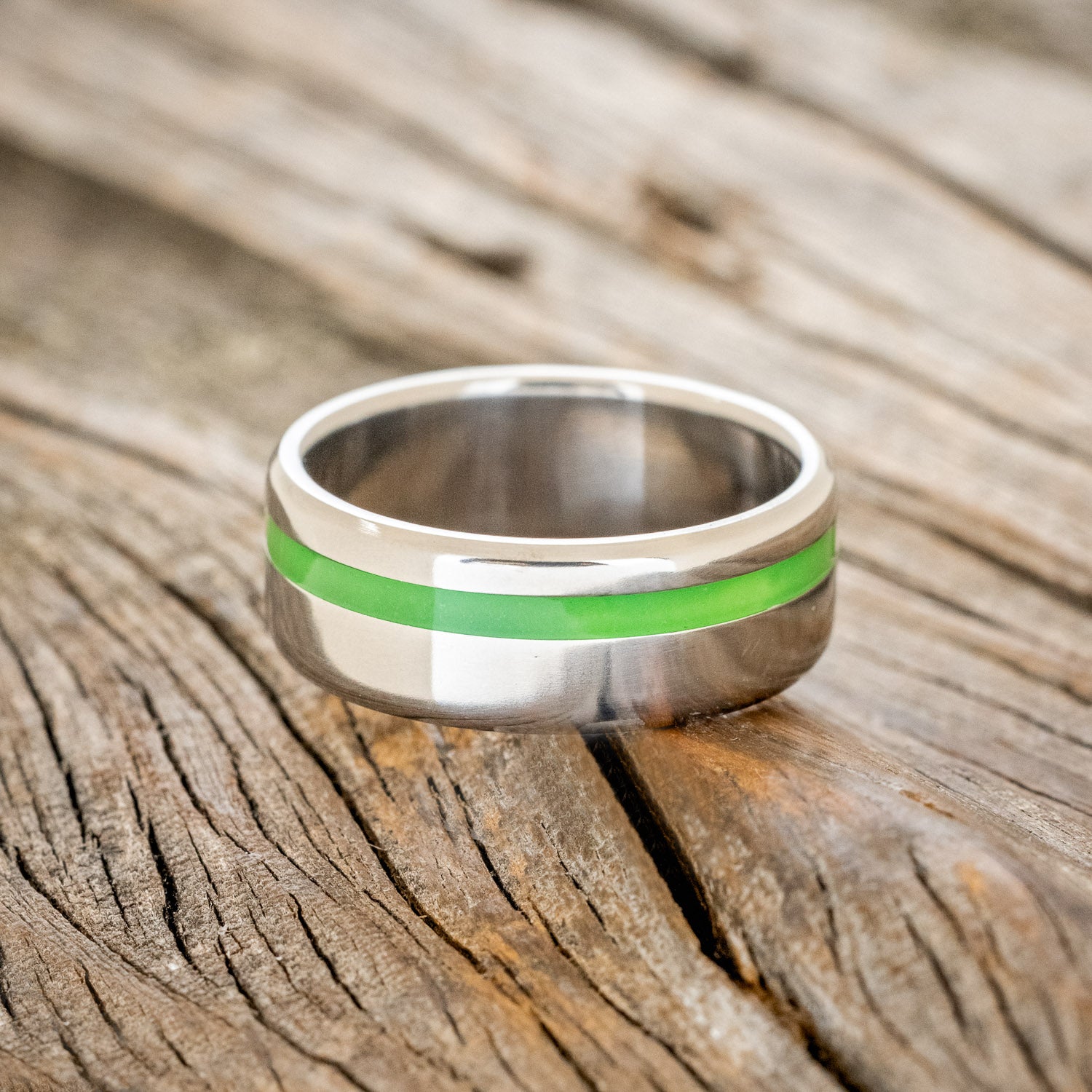 "VERTIGO" - GREEN GLOW IN THE DARK INLAY WEDDING BAND-3