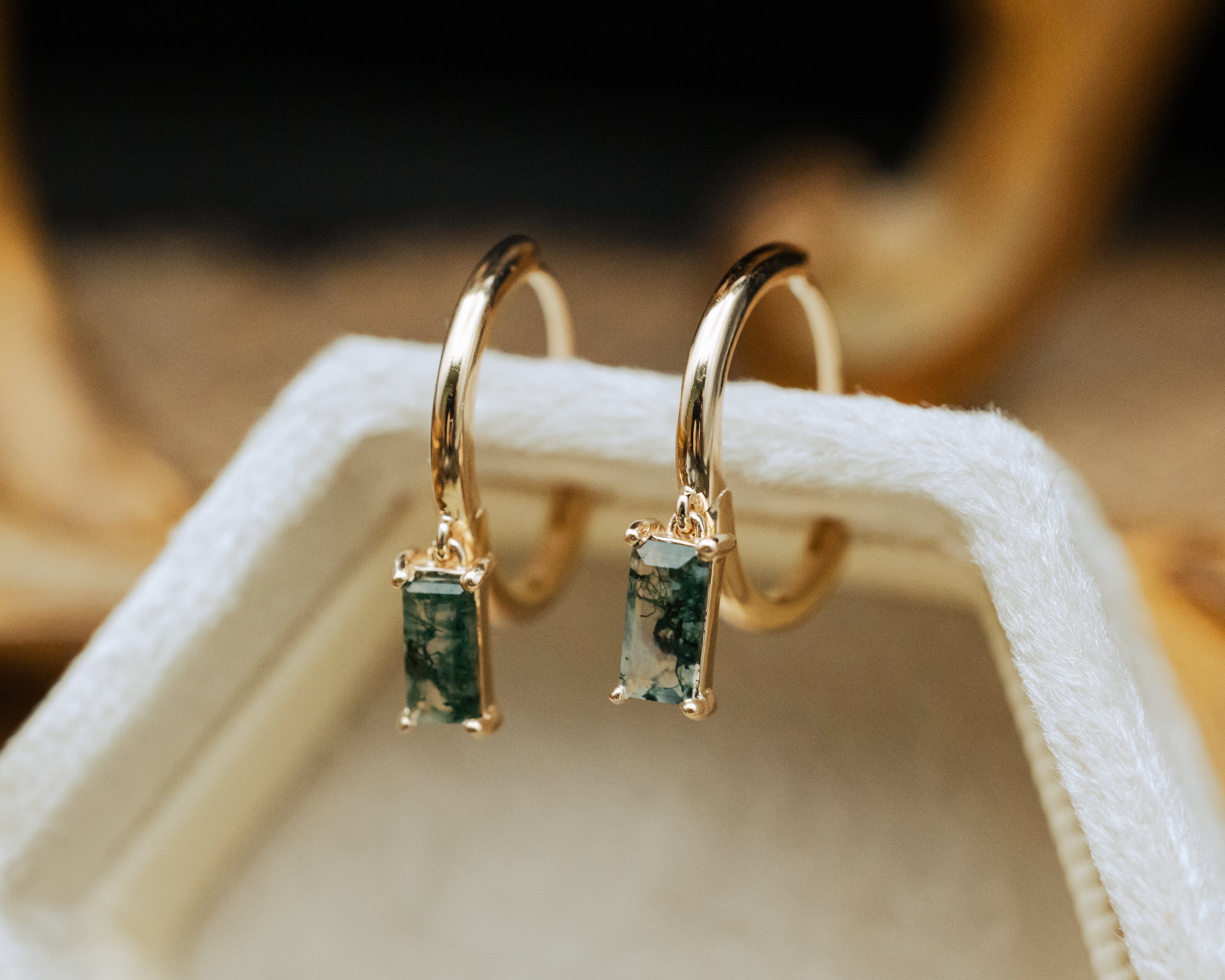 Baguette Moss Agate Huggies Earrings In 14K Gold | Staghead Designs