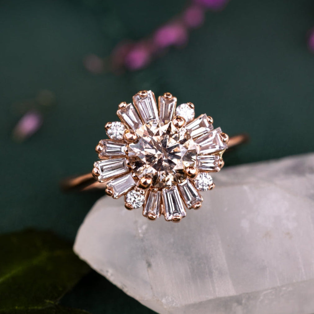 ONE-OF-A-KIND - "BELLADONNA" - ROUND CUT CHAMPAGNE DIAMOND ENGAGEMENT RING WITH DIAMOND HALO-Staghead Designs