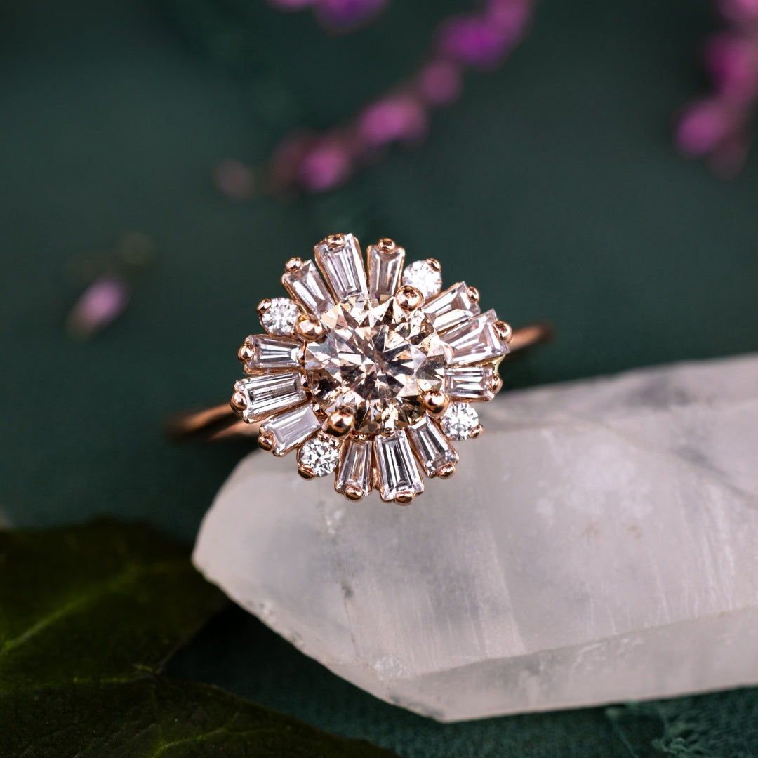 ONE-OF-A-KIND - "BELLADONNA" - ROUND CUT CHAMPAGNE DIAMOND ENGAGEMENT RING WITH DIAMOND HALO-Staghead Designs