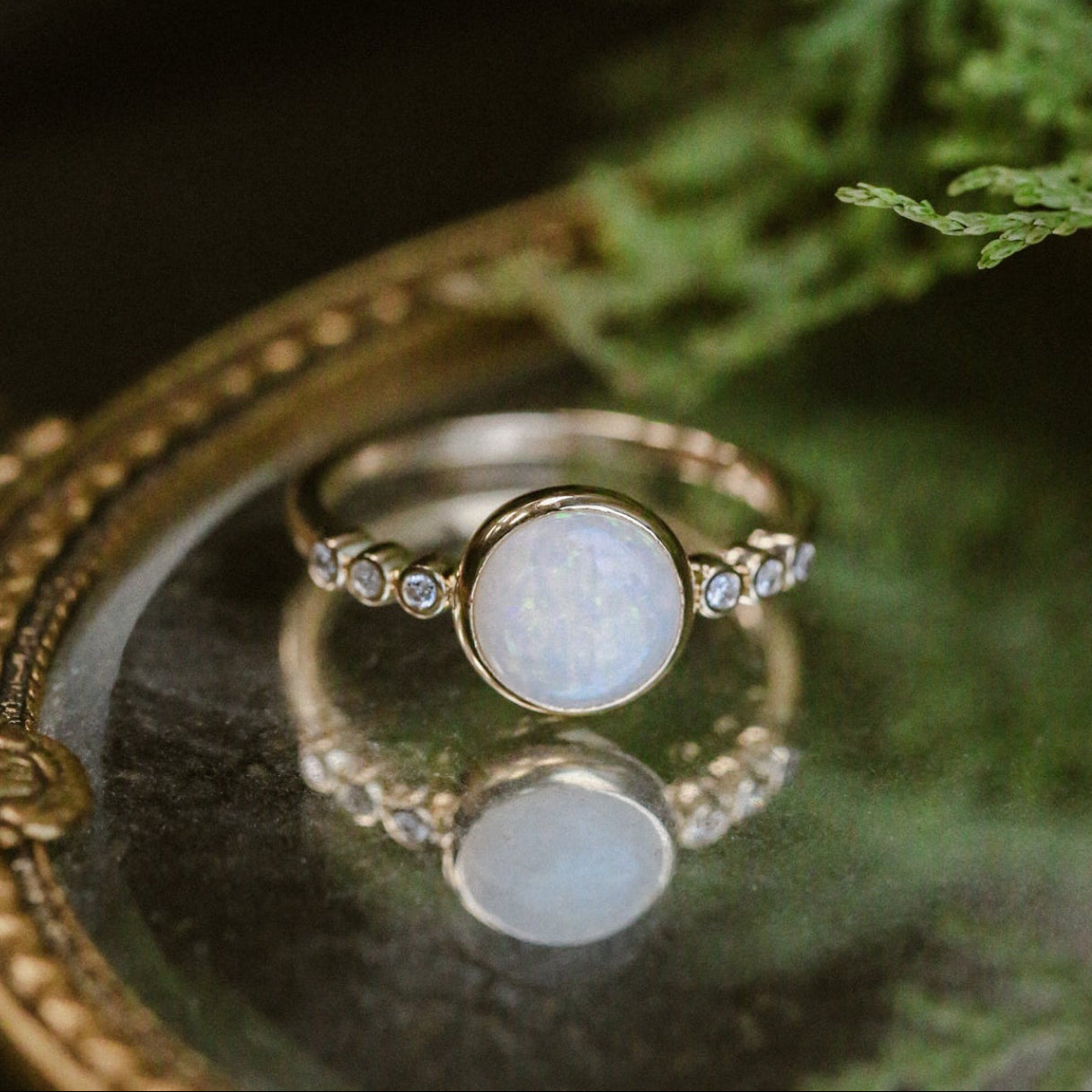 "Alouette" - Round Cabochon Cut Opal Engagement Ring With Diamond Accents - 14K White Gold - Size 6 1/4-Staghead Designs