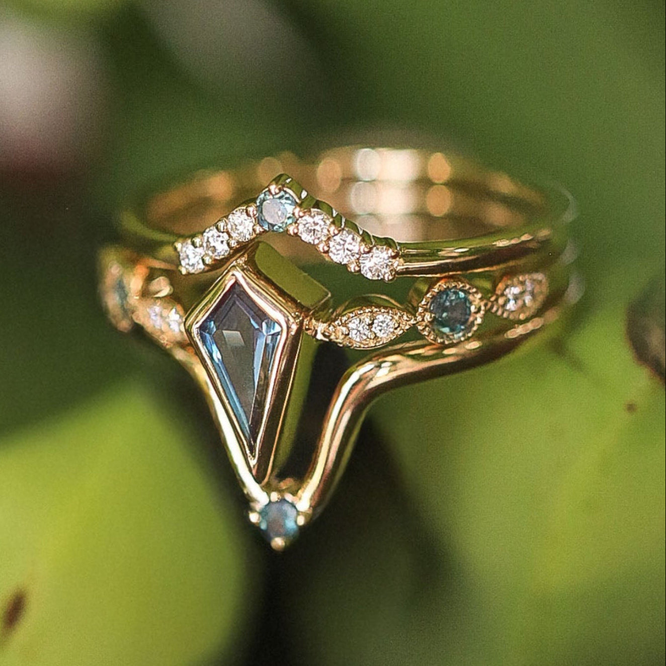 "Bianca" - Bridal Suite - Kite Cut Lab-Grown Alexandrite Engagement Ring With Contoured Tracers-Staghead Designs